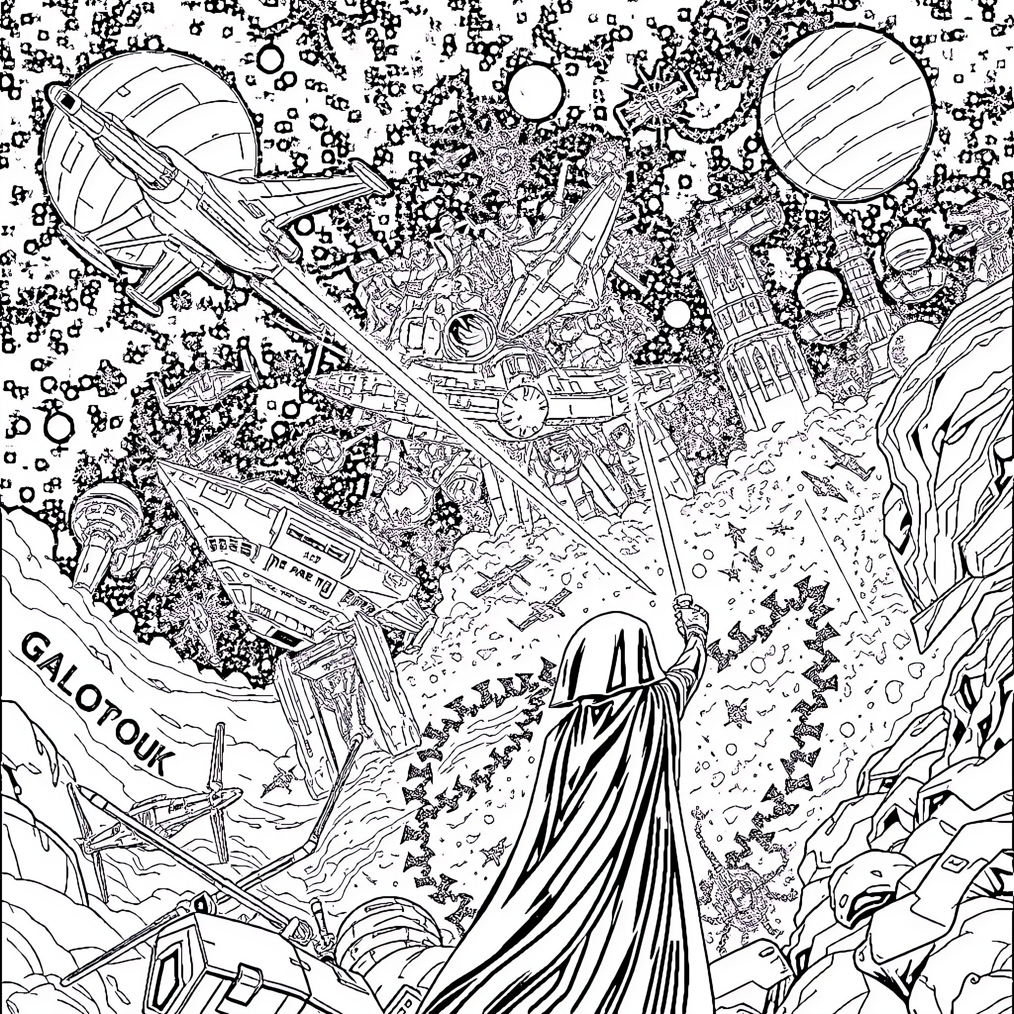 Star Wars: Galactic Odyssey Through the Unknown Coloring Page (free black-and-white line drawing printable PDF for all, from beginners to advanced learners, including children, teens, adults, and seniors)