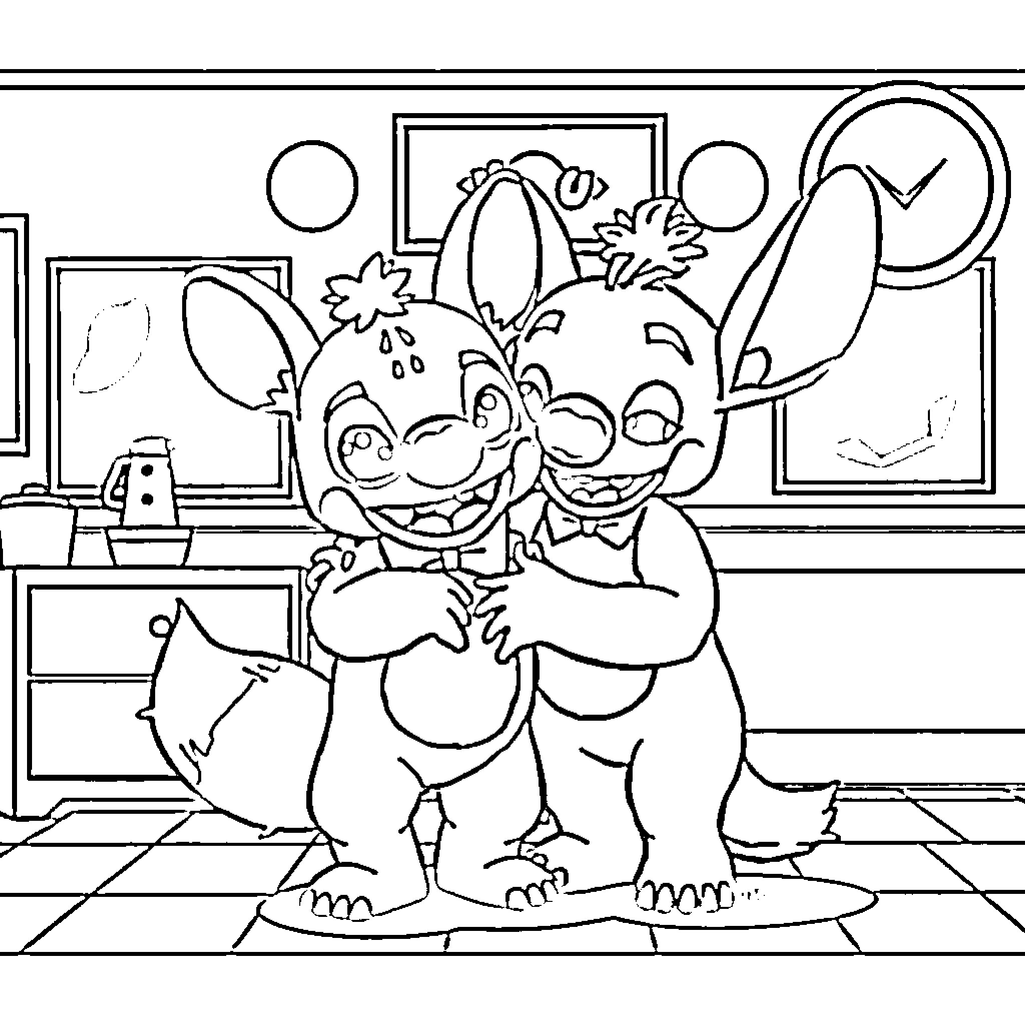 Foxy friends enjoying a playful moment Coloring Page (free black-and-white line drawing printable PDF for all, from beginners to advanced learners, including children, teens, adults, and seniors)
