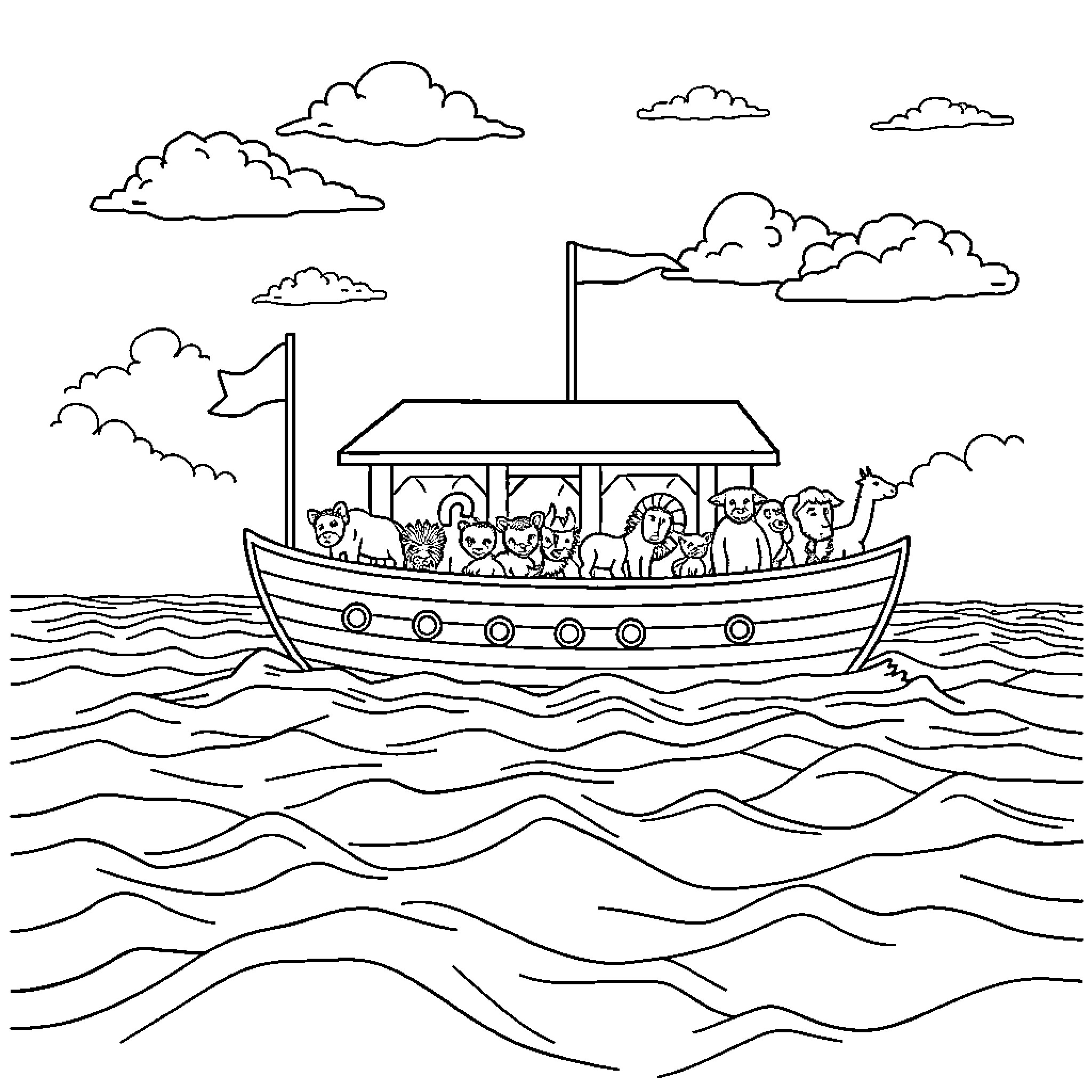 Noah's Ark carrying a group of animals and people Coloring Page (free black-and-white line drawing printable PDF for all, from beginners to advanced learners, including children, teens, adults, and seniors)