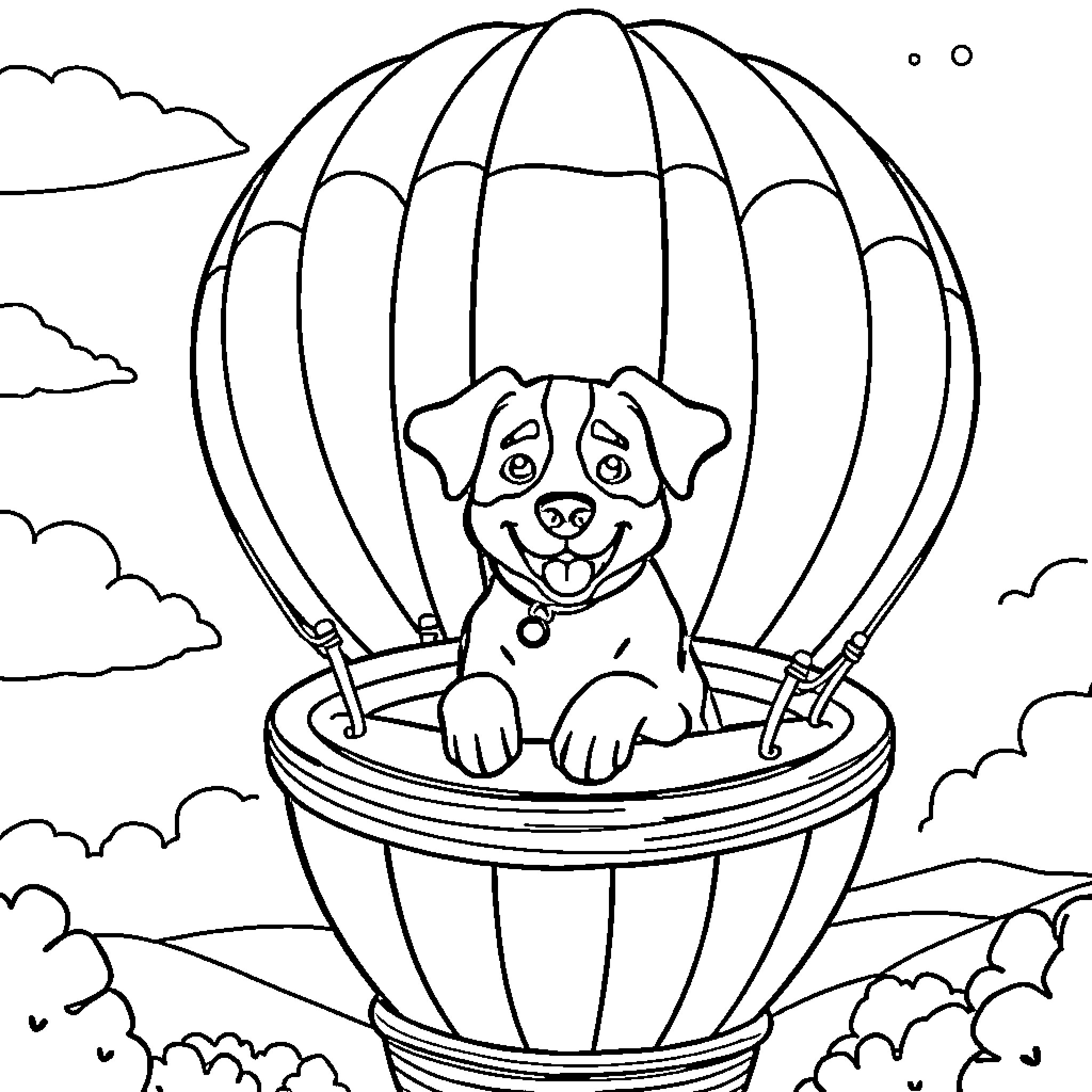 Dog riding hot air balloon in the sky Coloring Page (free black-and-white line drawing printable PDF for all, from beginners to advanced learners, including children, teens, adults, and seniors)