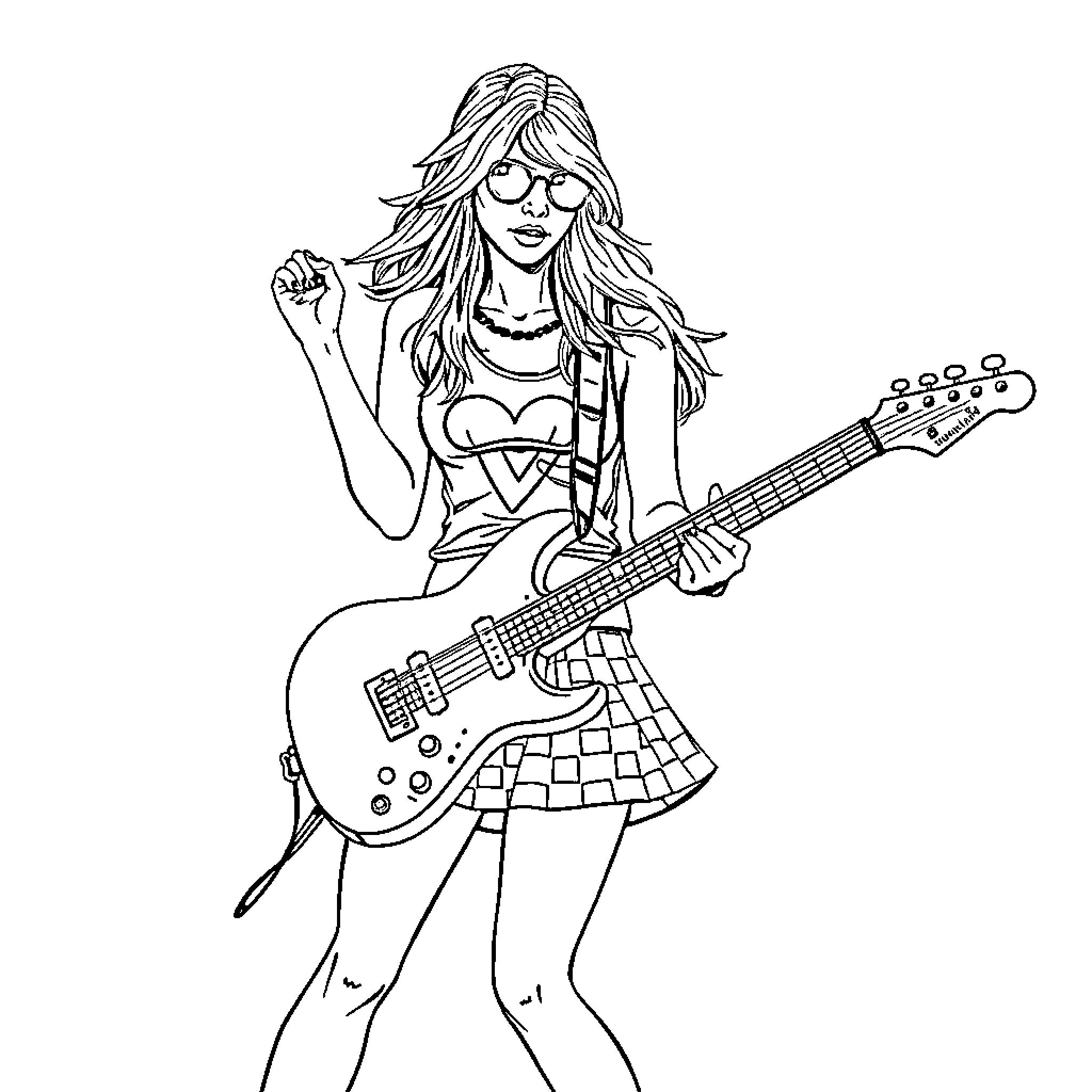 Avril Lavigne performing on stage with guitar Coloring Page (free black-and-white line drawing printable PDF for all, from beginners to advanced learners, including children, teens, adults, and seniors)