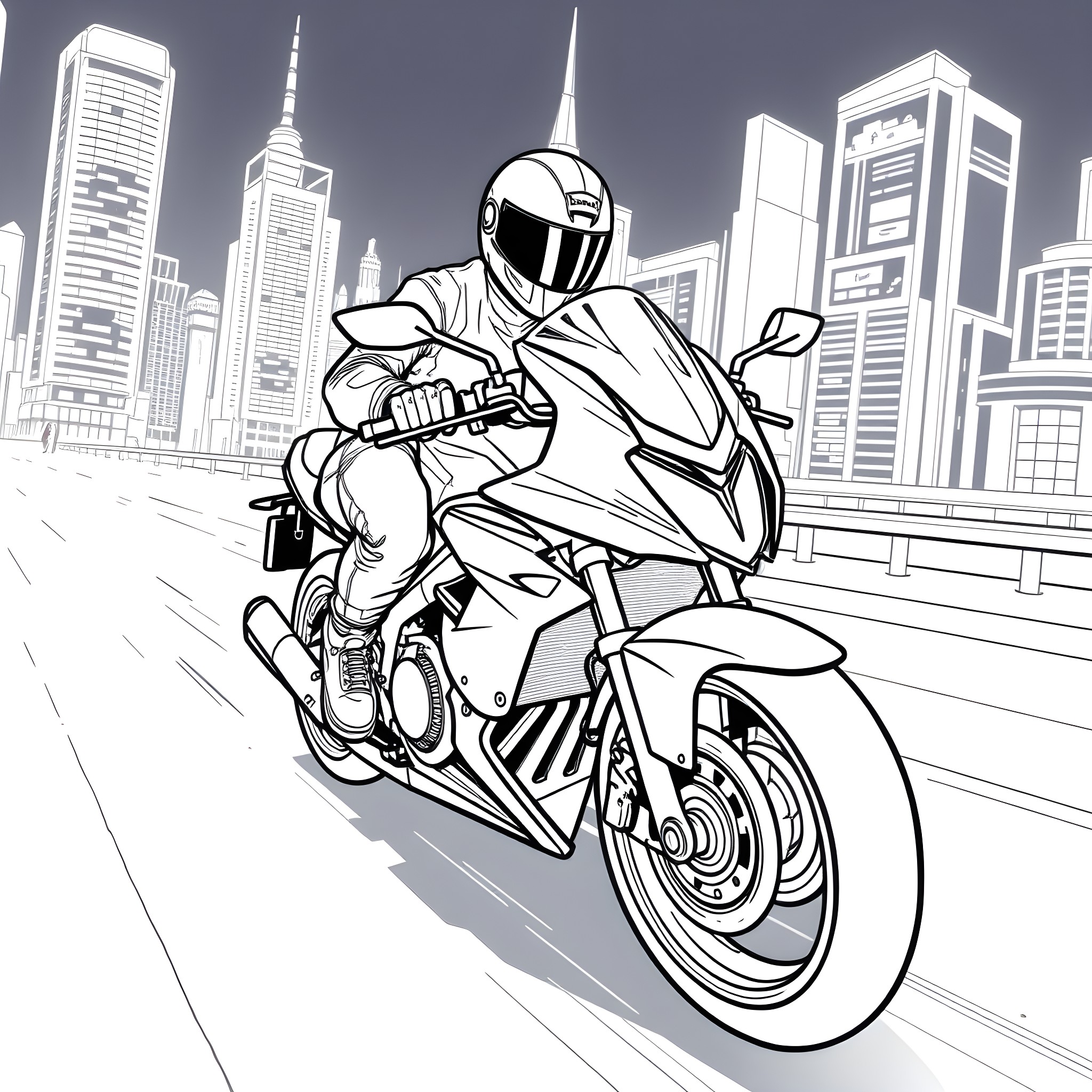 Motorbike speeding through urban cityscape Coloring Page (free black-and-white line drawing printable PDF for all, from beginners to advanced learners, including children, teens, adults, and seniors)