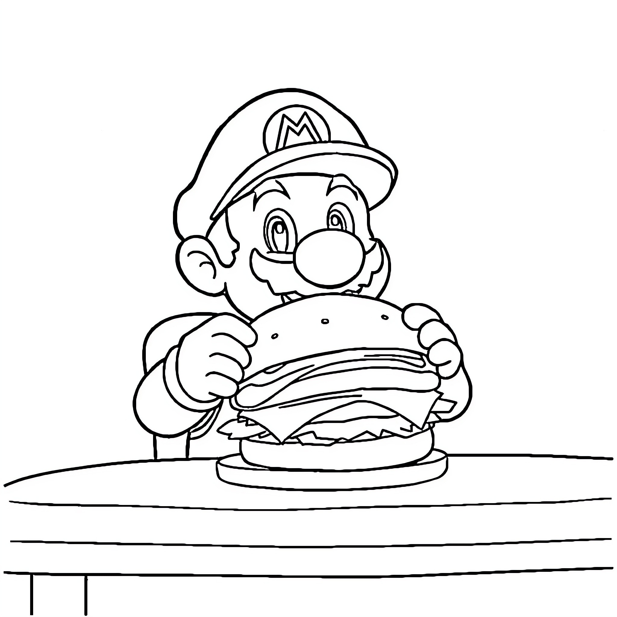 Super Mario Eating a Giant Burger Coloring Page (free black-and-white line drawing printable PDF for all, from beginners to advanced learners, including children, teens, adults, and seniors)