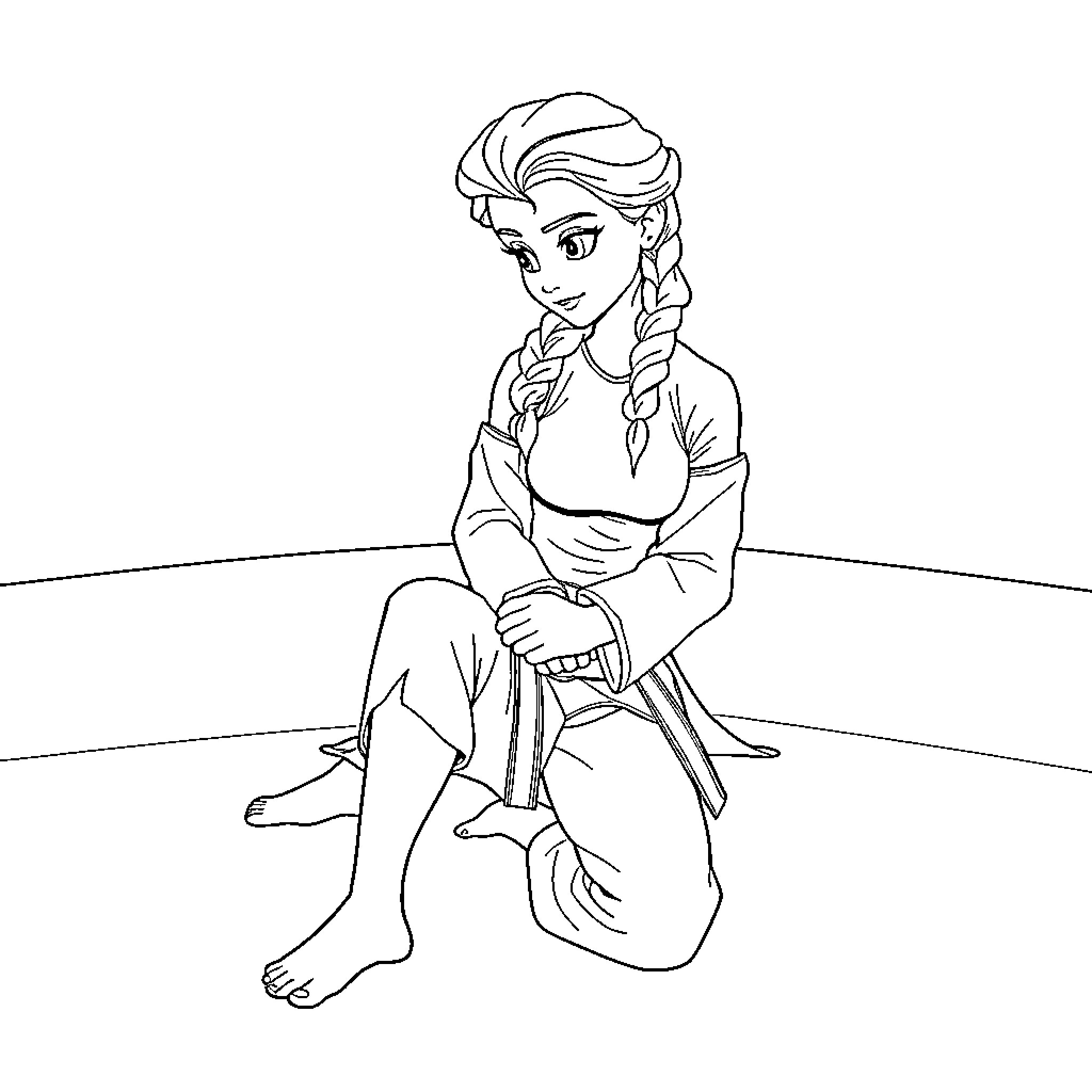 Elsa contemplating in a quiet moment Coloring Page (free black-and-white line drawing printable PDF for all, from beginners to advanced learners, including children, teens, adults, and seniors)