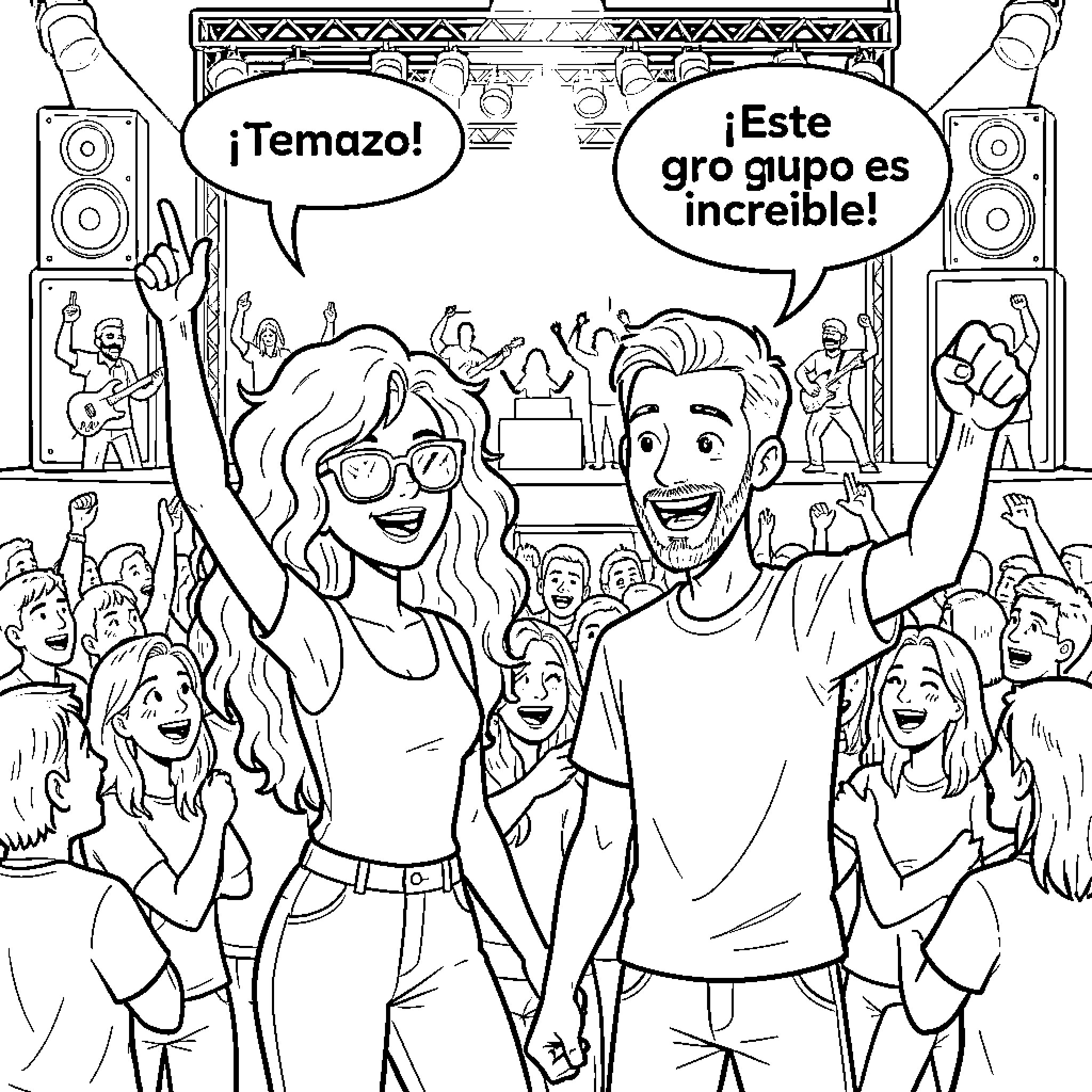 Friend enjoying music festival with excitement Coloring Page (free black-and-white line drawing printable PDF for all, from beginners to advanced learners, including children, teens, adults, and seniors)