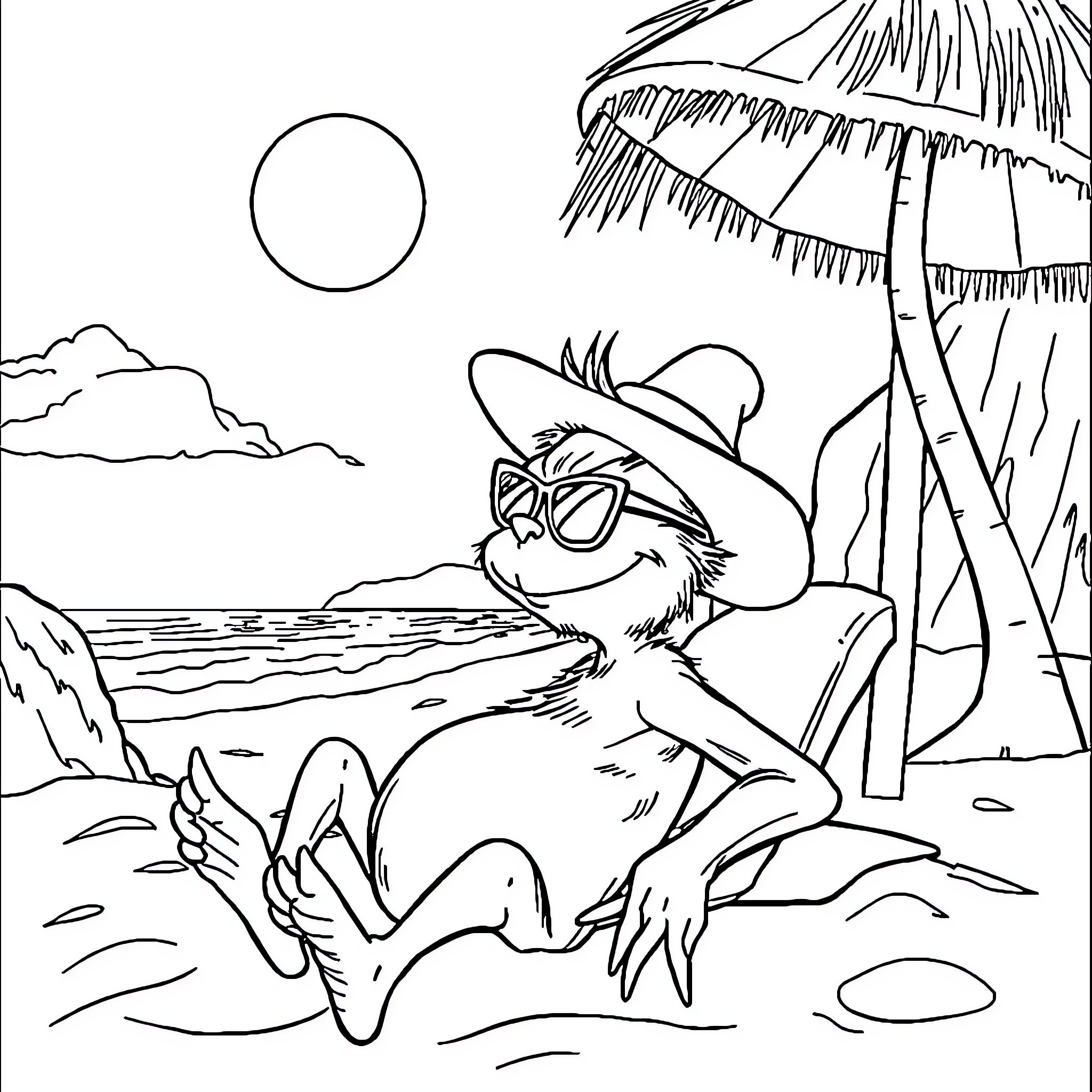 Grinch relaxes on a tropical beach Coloring Page (free black-and-white line drawing printable PDF for all, from beginners to advanced learners, including children, teens, adults, and seniors)