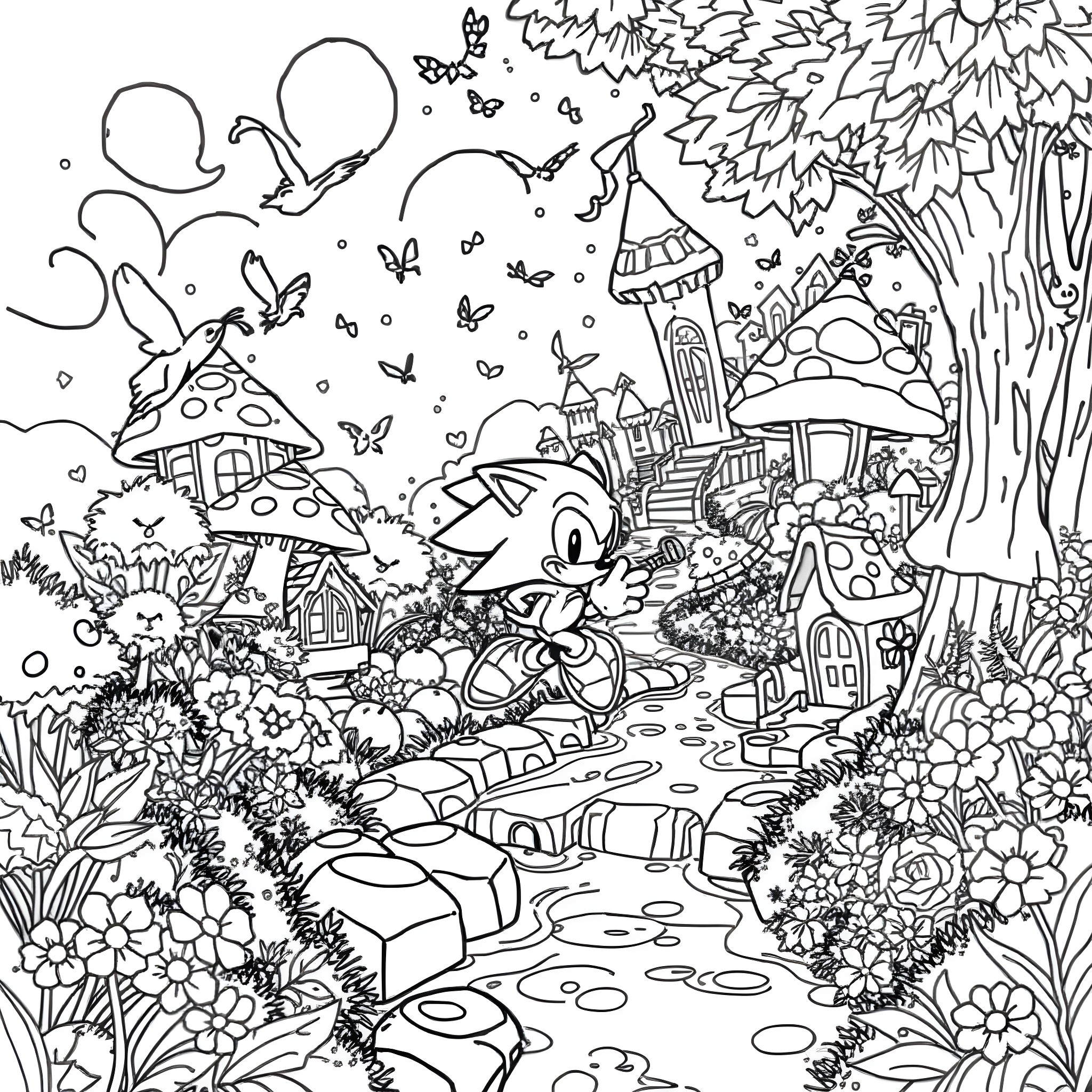 Sonic's Whimsical Adventure in a Fantastical Mushroom Kingdom Coloring Page (free black-and-white line drawing printable PDF for all, from beginners to advanced learners, including children, teens, adults, and seniors)