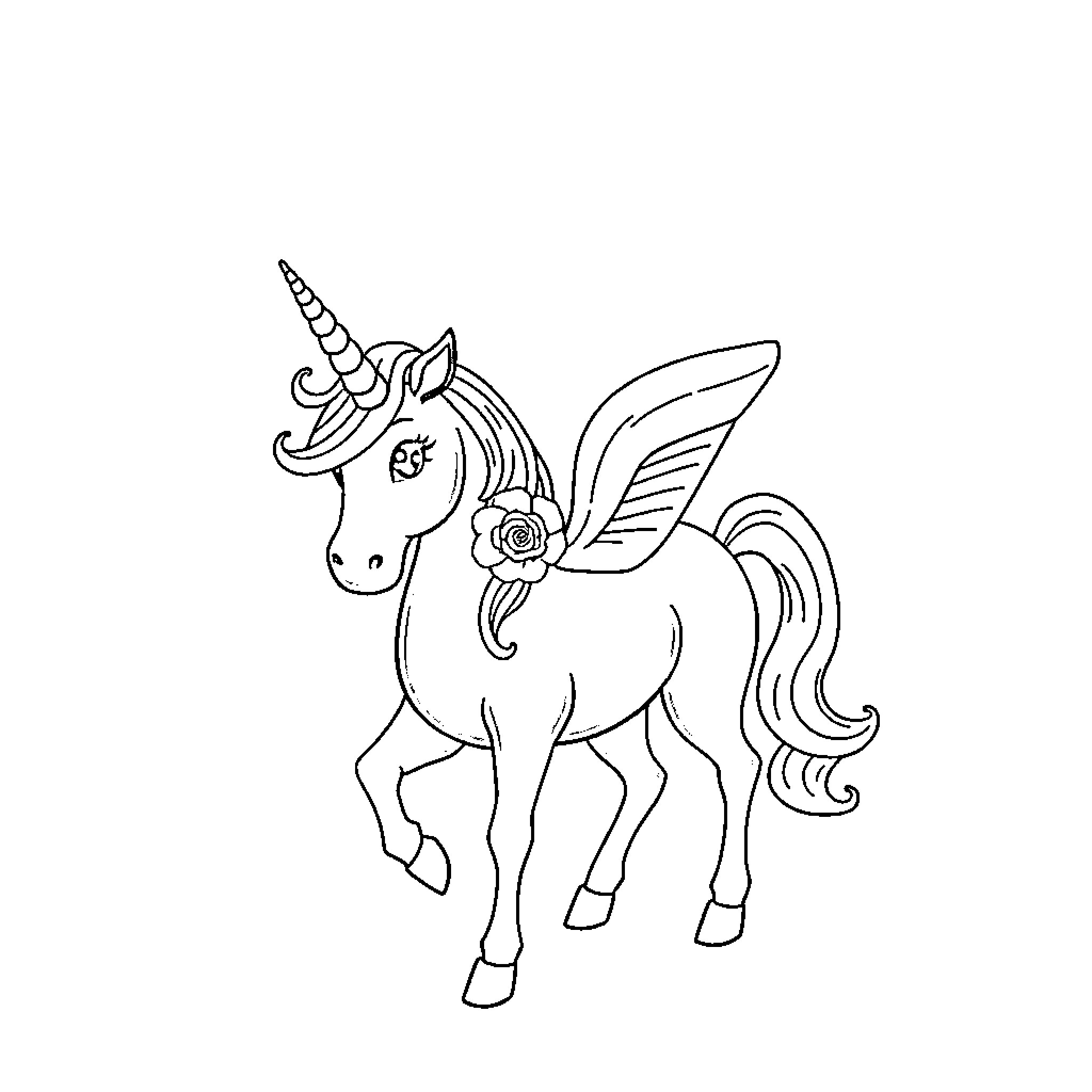 Unicorn with floral accents and wings Coloring Page (free black-and-white line drawing printable PDF for all, from beginners to advanced learners, including children, teens, adults, and seniors)