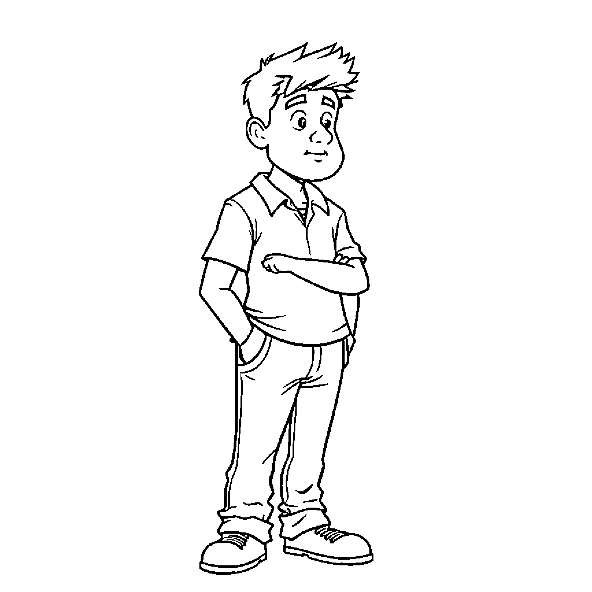 Adult standing with arms crossed Coloring Page (free black-and-white line drawing printable PDF for all, from beginners to advanced learners, including children, teens, adults, and seniors)