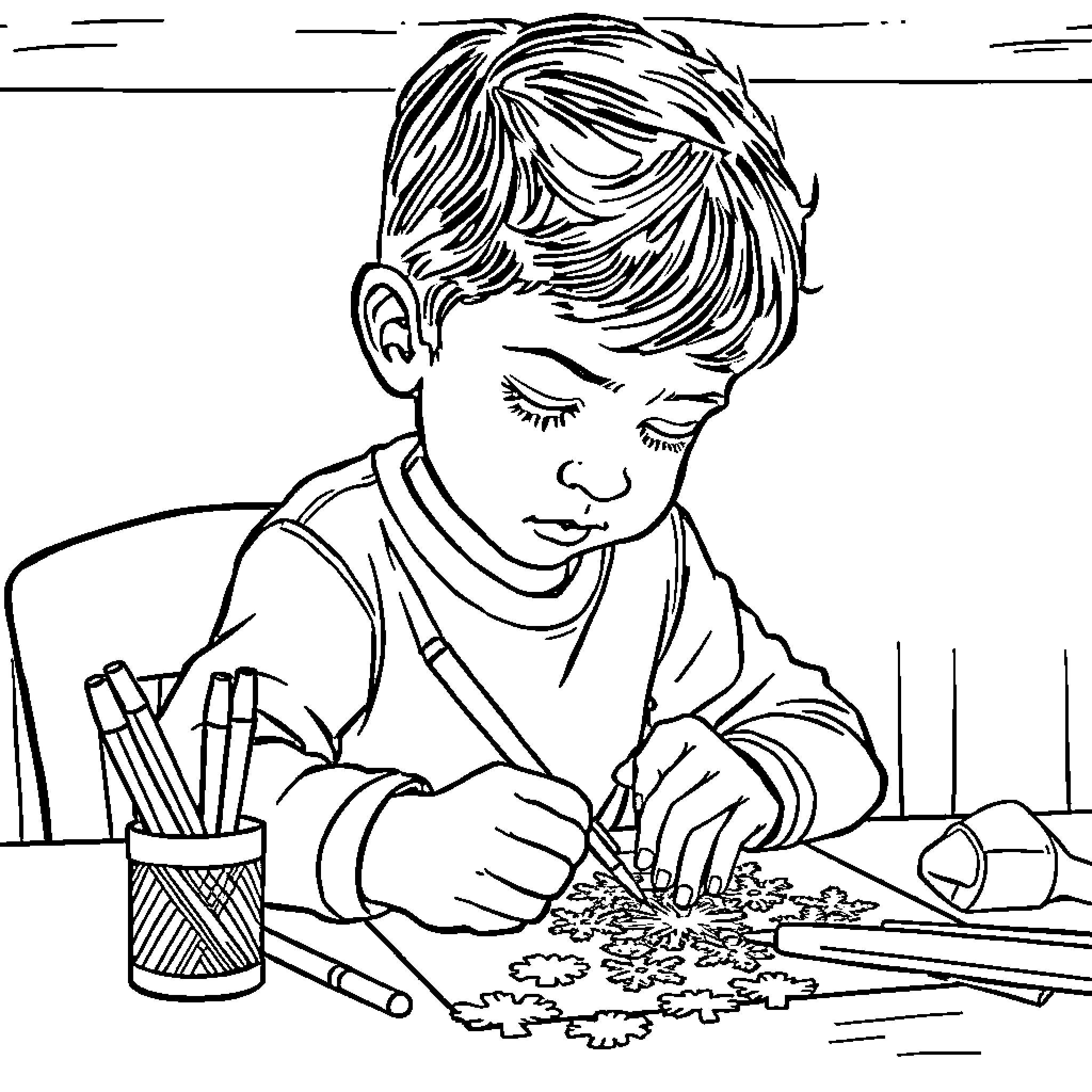 Niño intently creating artwork on a table Coloring Page (free black-and-white line drawing printable PDF for all, from beginners to advanced learners, including children, teens, adults, and seniors)