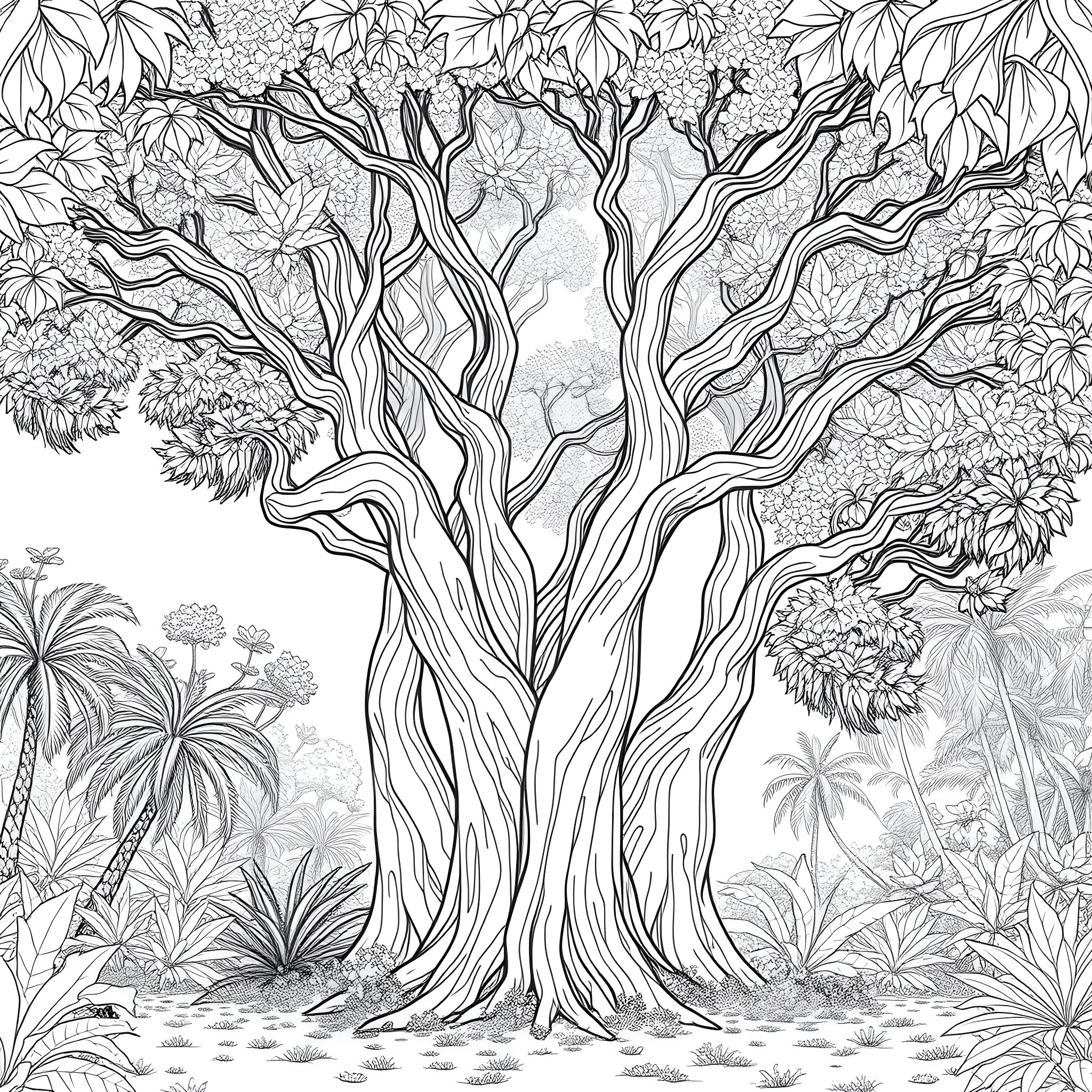 Koa Tree with Flourishing Flora Coloring Page (free black-and-white line drawing printable PDF for all, from beginners to advanced learners, including children, teens, adults, and seniors)