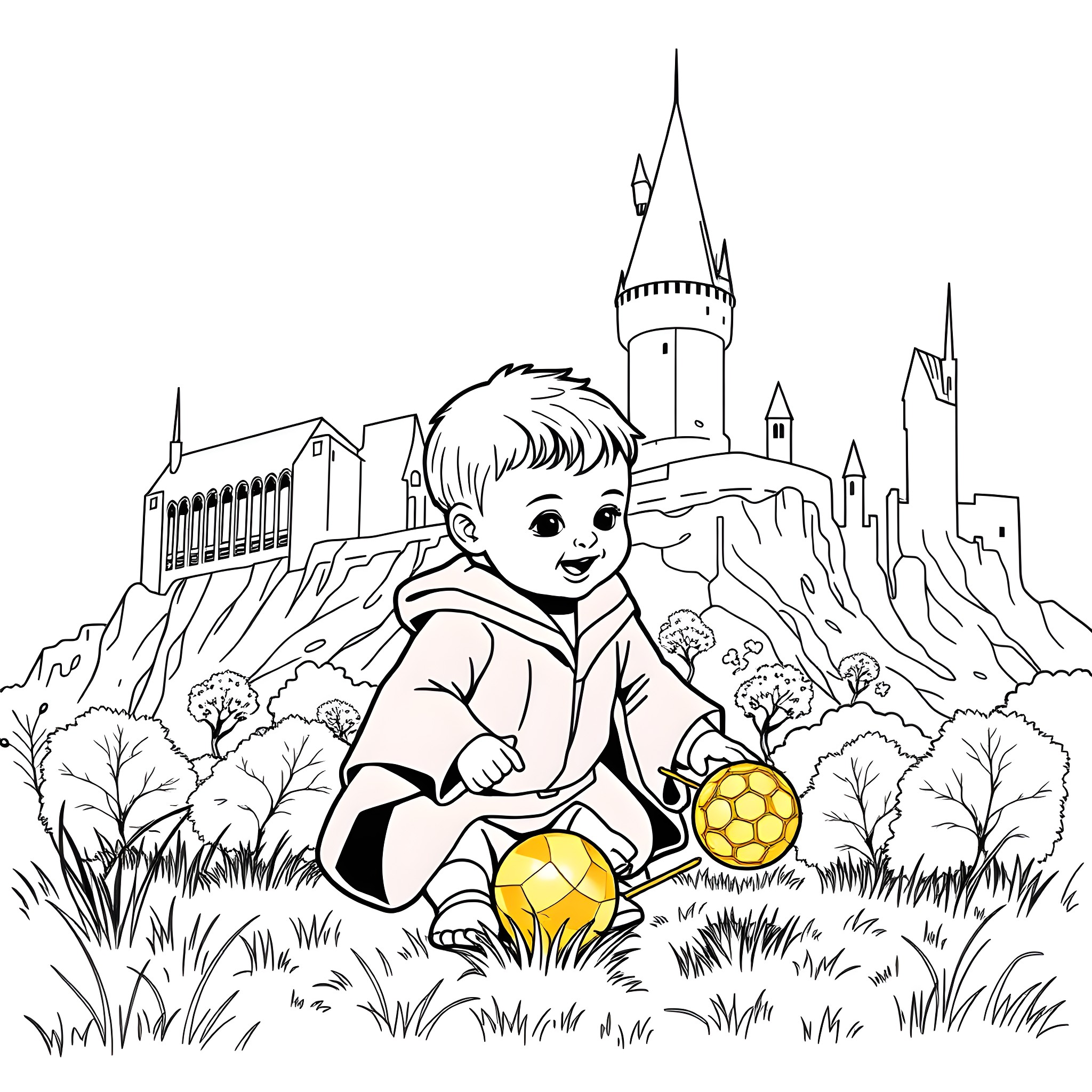 Hogwarts Student Exploring the Magical Grounds Coloring Page (free black-and-white line drawing printable PDF for all, from beginners to advanced learners, including children, teens, adults, and seniors)