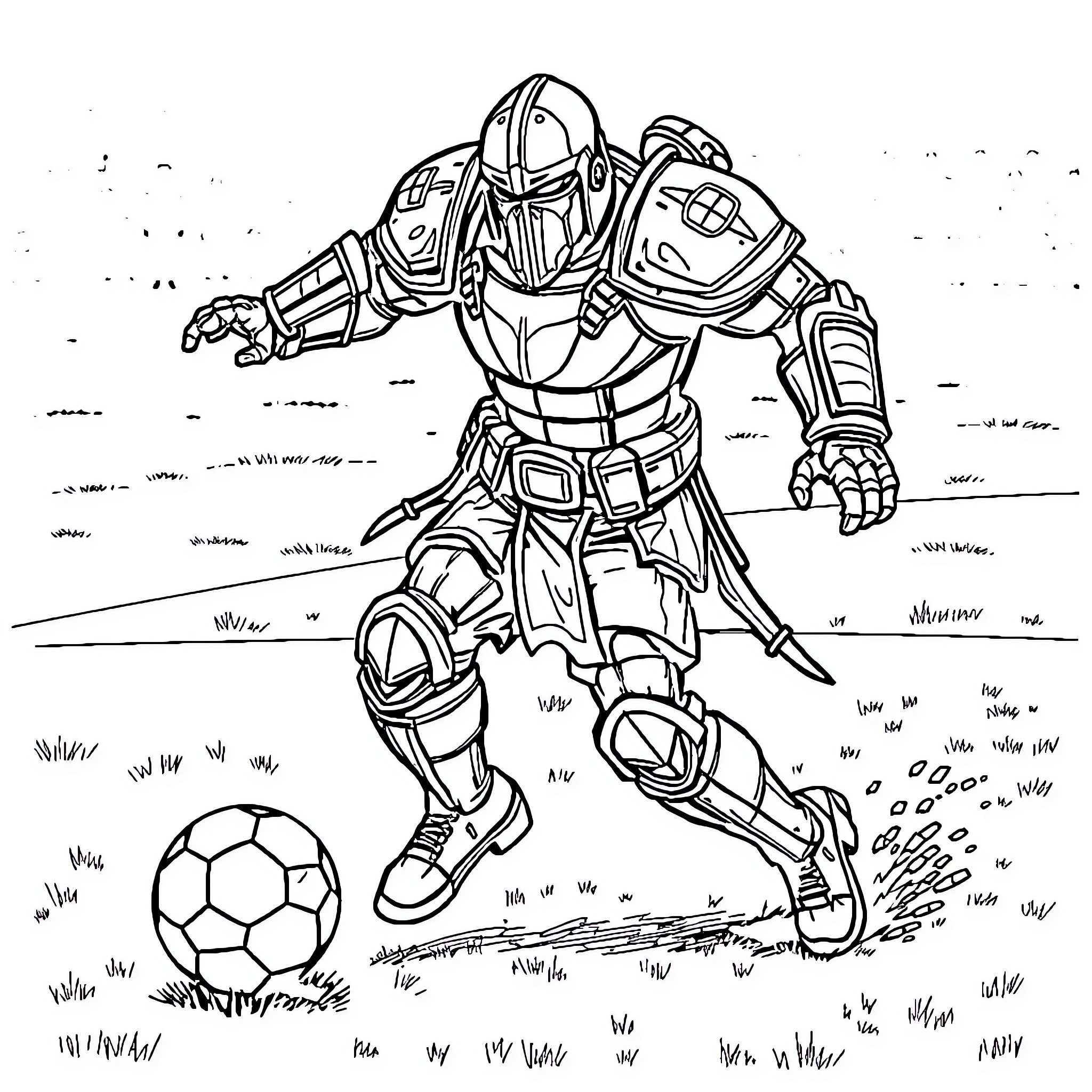 Doom Slayer kicking a soccer ball in a battle-scarred landscape Coloring Page (free black-and-white line drawing printable PDF for all, from beginners to advanced learners, including children, teens, adults, and seniors)