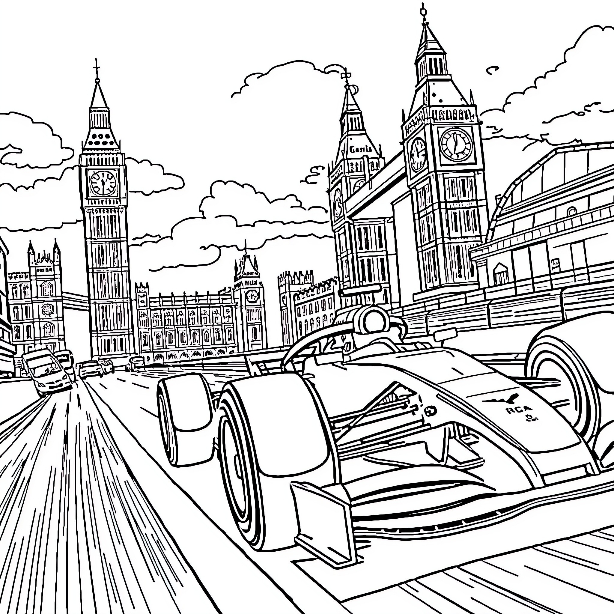 Formula 1 Car Racing Through London Cityscape Coloring Page (free black-and-white line drawing printable PDF for all, from beginners to advanced learners, including children, teens, adults, and seniors)