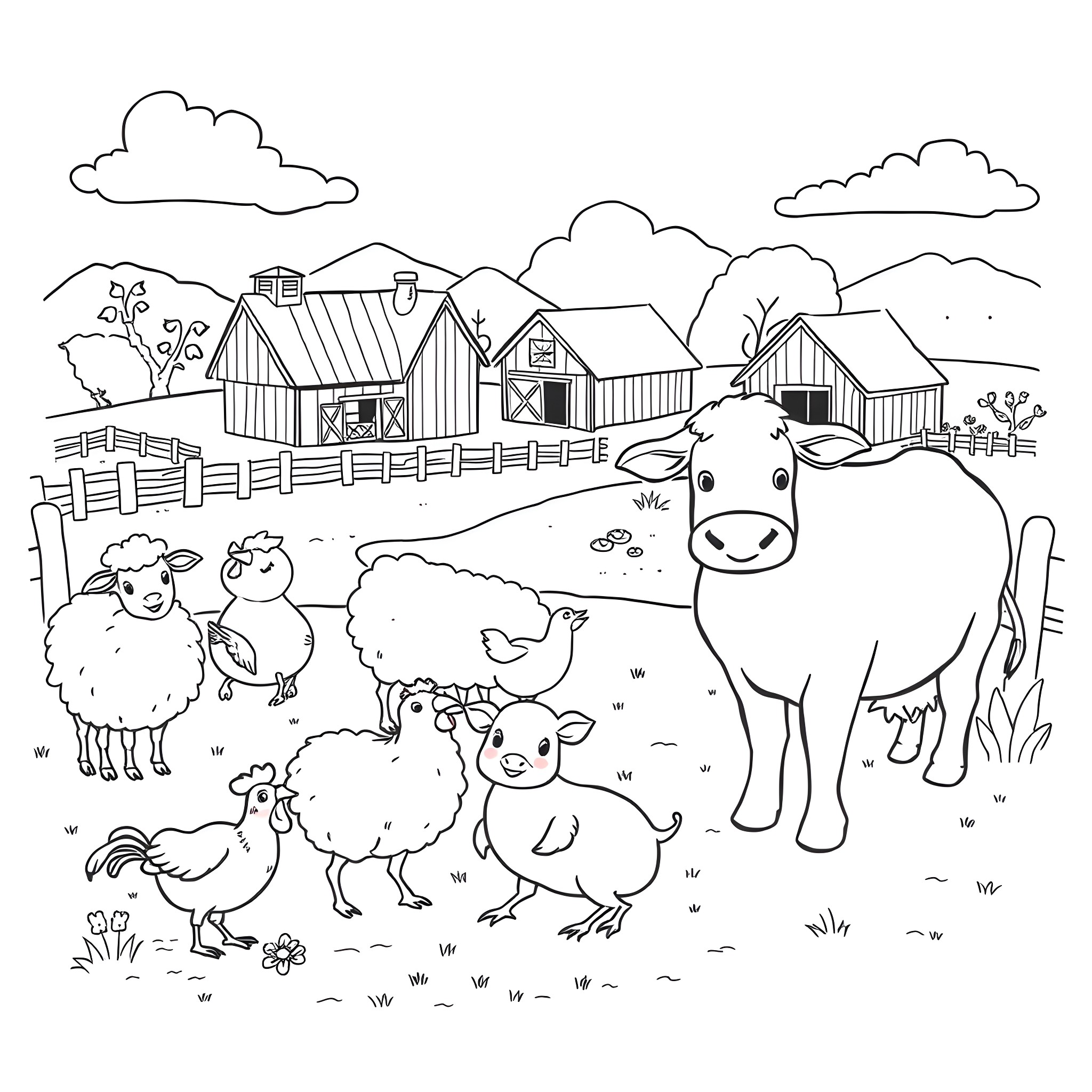Farm Animal Family Enjoying Countryside Scenery Coloring Page (free black-and-white line drawing printable PDF for all, from beginners to advanced learners, including children, teens, adults, and seniors)
