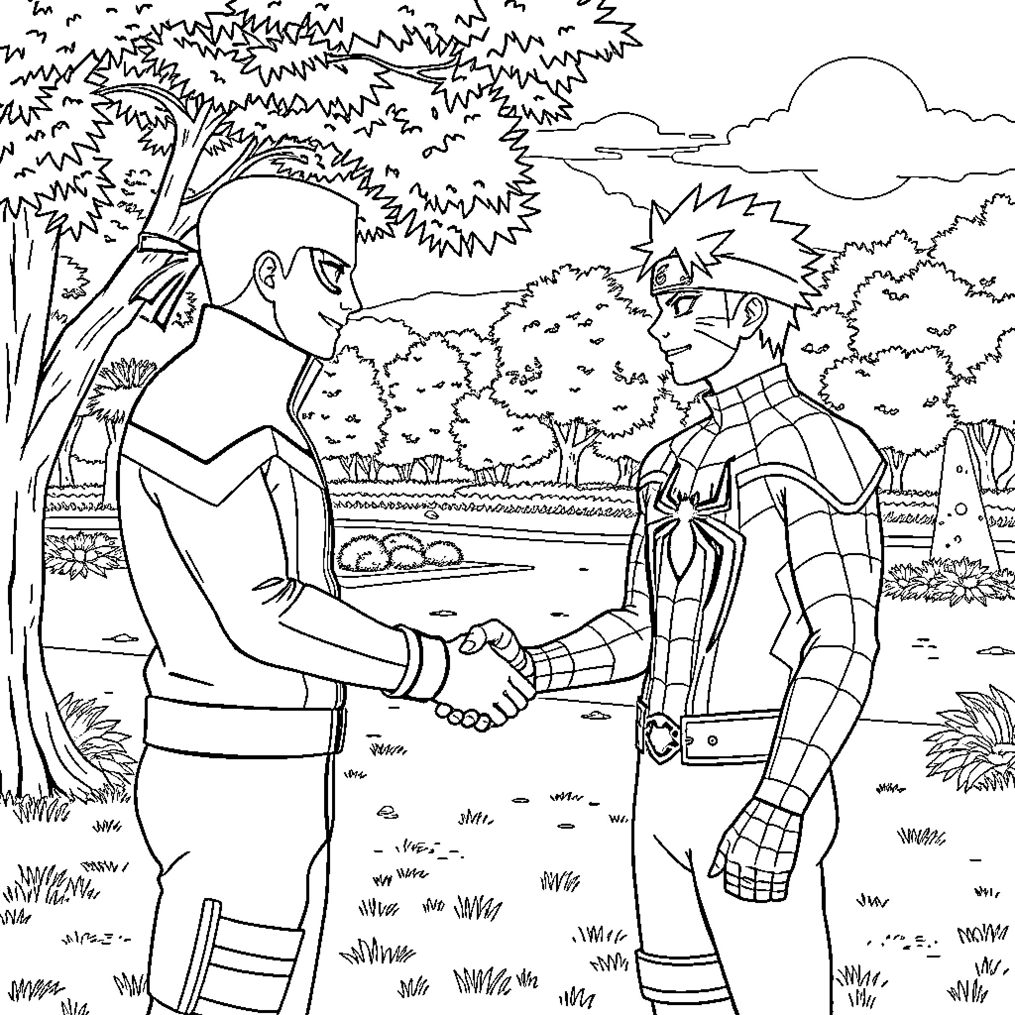 Naruto characters shaking hands in the forest Coloring Page (free black-and-white line drawing printable PDF for all, from beginners to advanced learners, including children, teens, adults, and seniors)