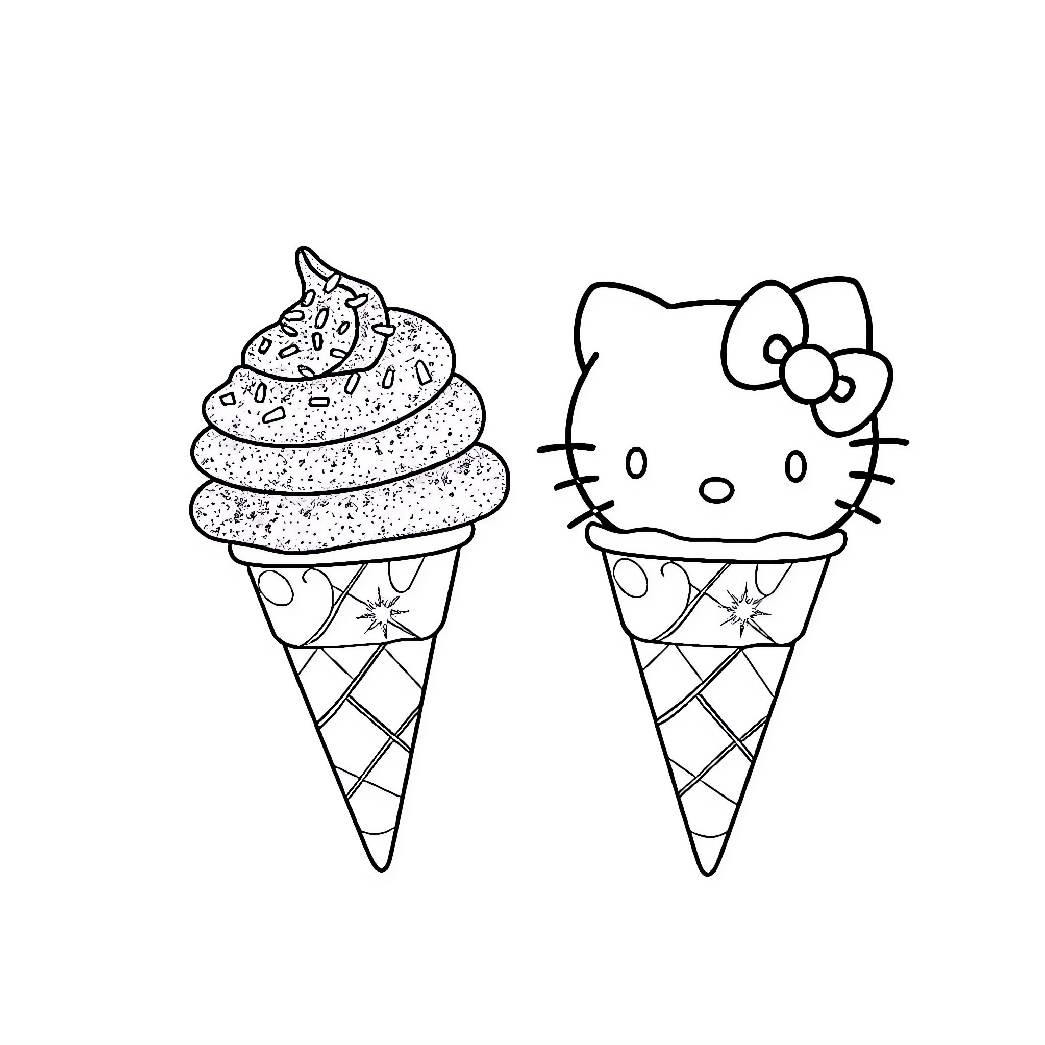 Hello Kitty ice cream cones with sprinkles Coloring Page (free black-and-white line drawing printable PDF for all, from beginners to advanced learners, including children, teens, adults, and seniors)