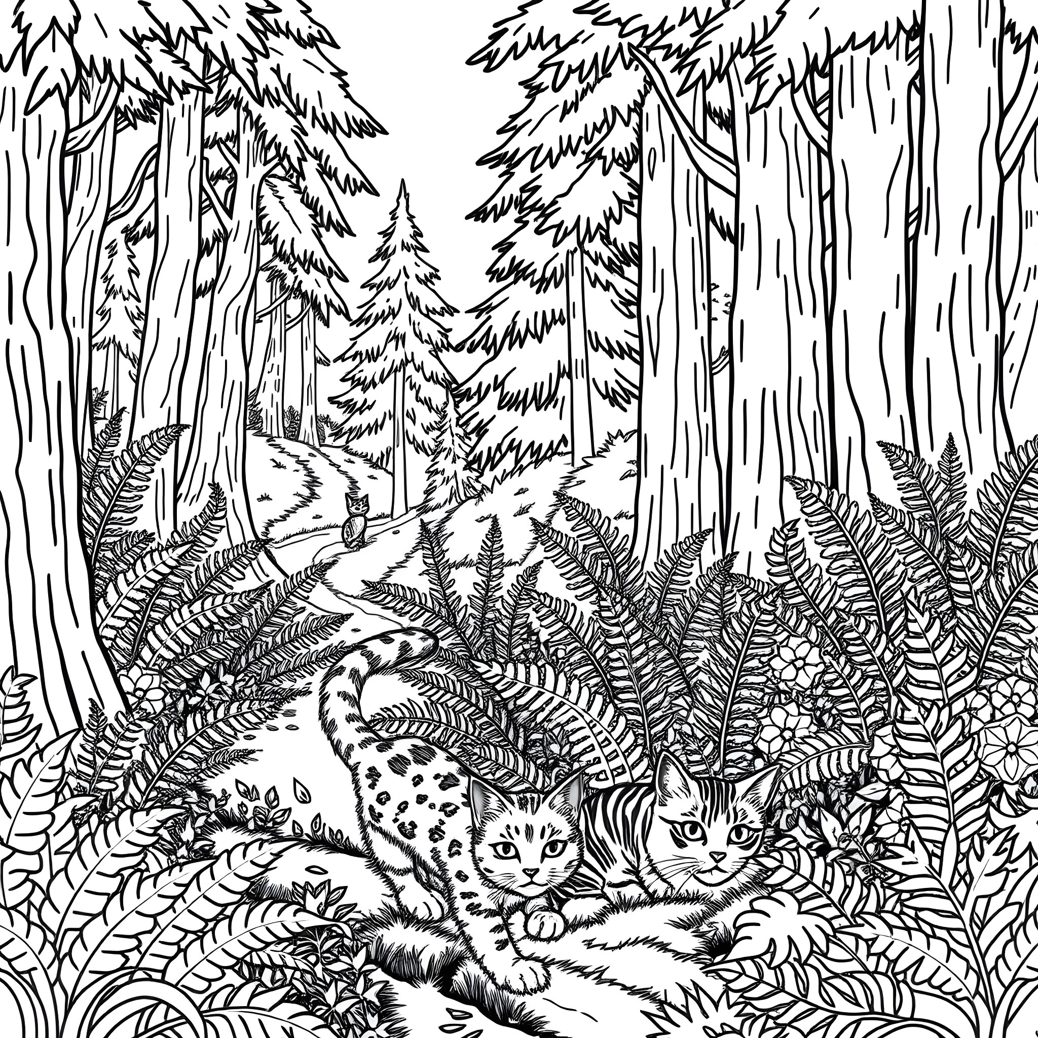Cats exploring the enchanted forest Coloring Page (free black-and-white line drawing printable PDF for all, from beginners to advanced learners, including children, teens, adults, and seniors)