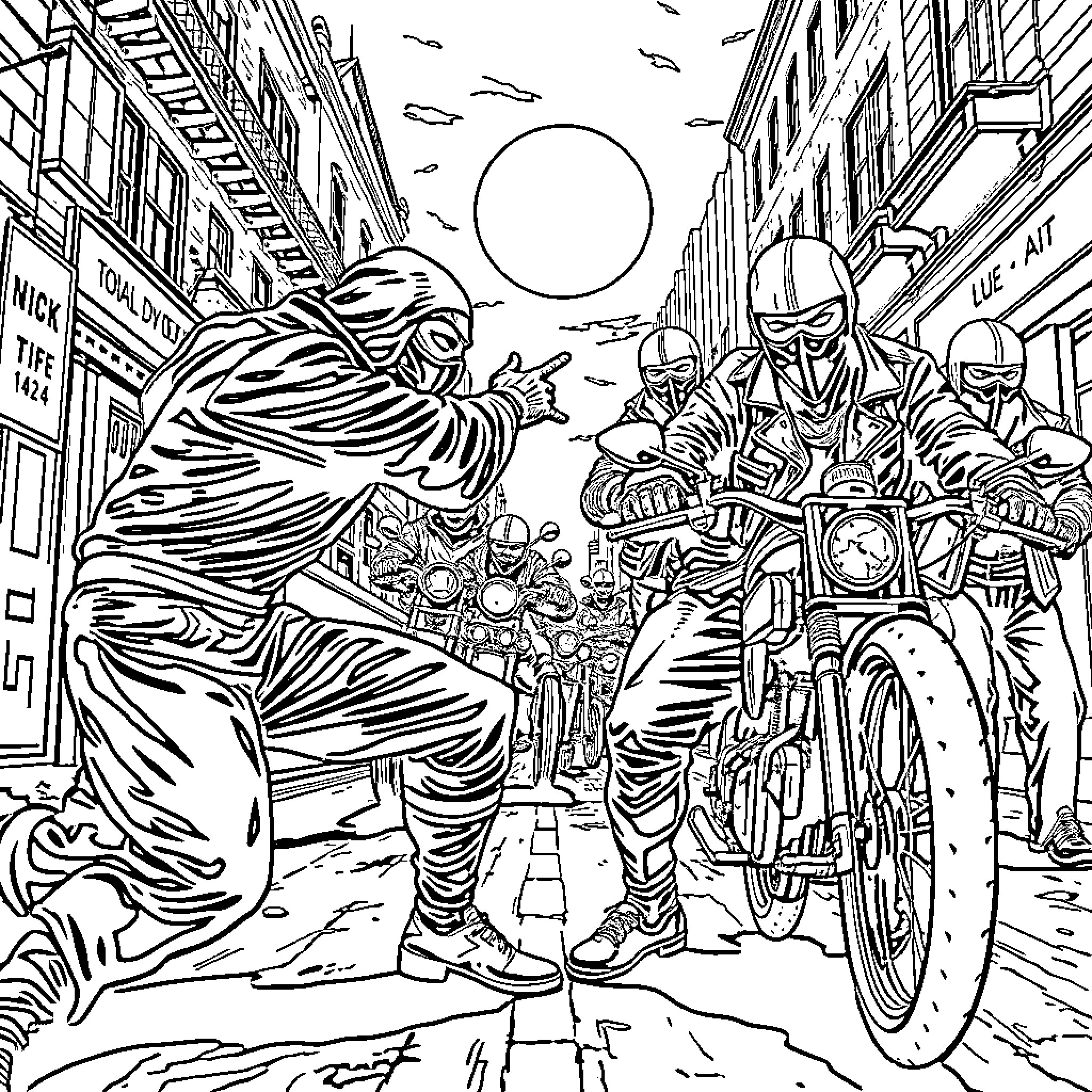 Ninja Motorcycle Gang Confrontation in City Streets Coloring Page (free black-and-white line drawing printable PDF for all, from beginners to advanced learners, including children, teens, adults, and seniors)