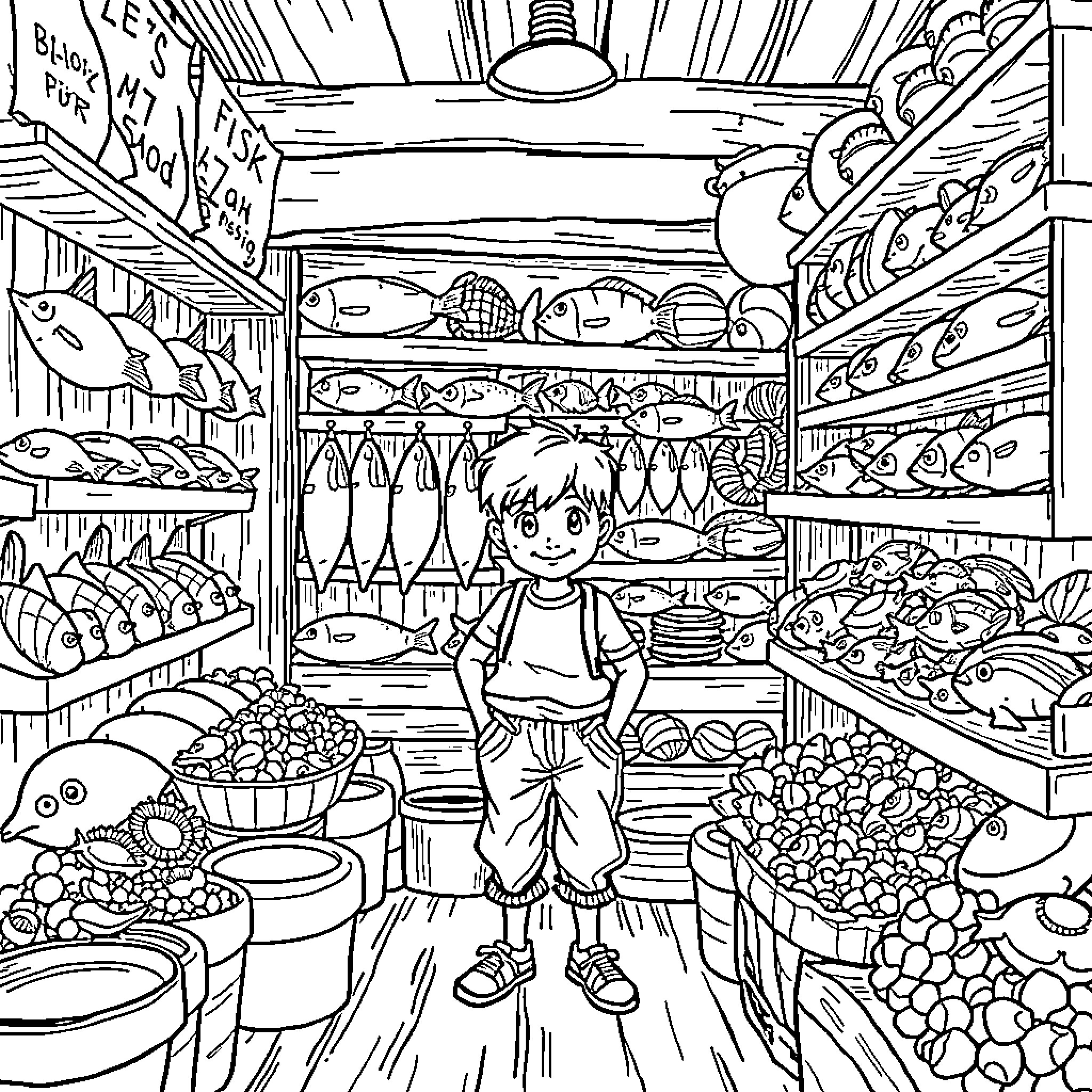 Boy exploring the variety of items in a busy market Coloring Page (free black-and-white line drawing printable PDF for all, from beginners to advanced learners, including children, teens, adults, and seniors)
