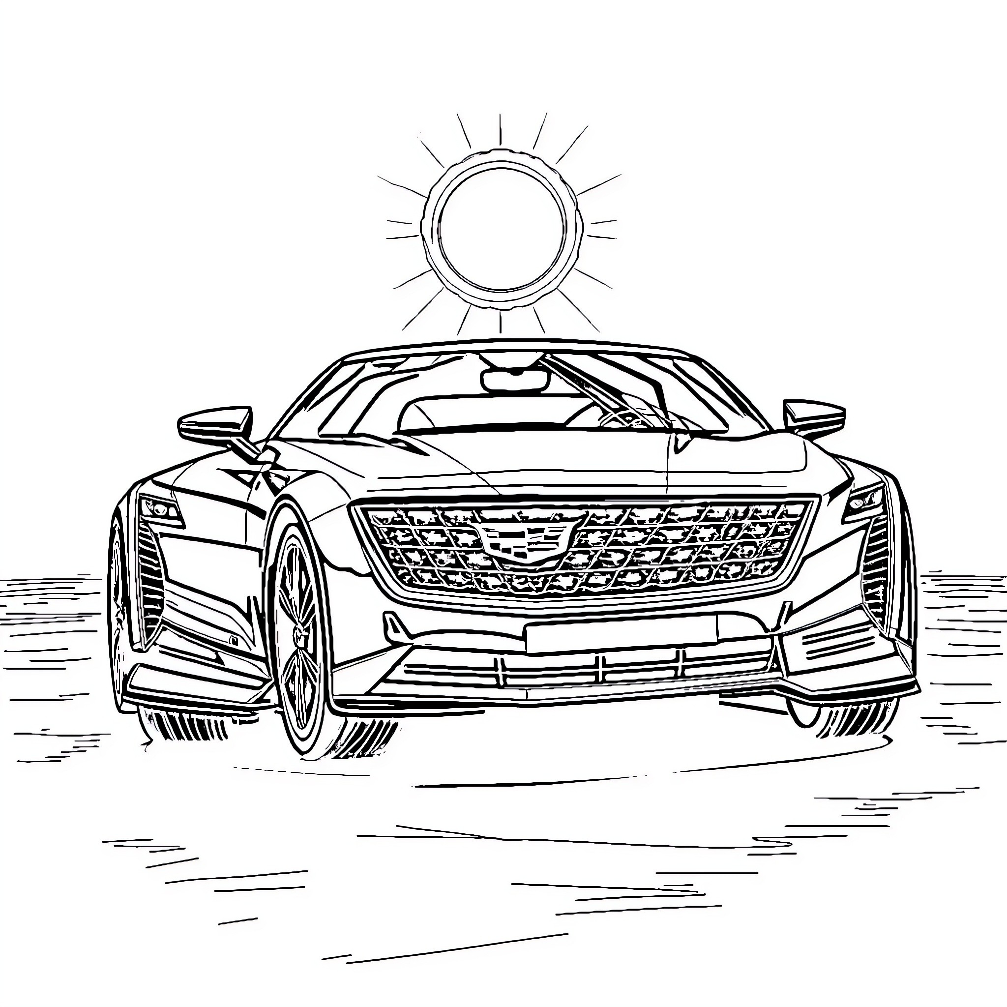 Cadillac luxury sports car on the open road Coloring Page (free black-and-white line drawing printable PDF for all, from beginners to advanced learners, including children, teens, adults, and seniors)