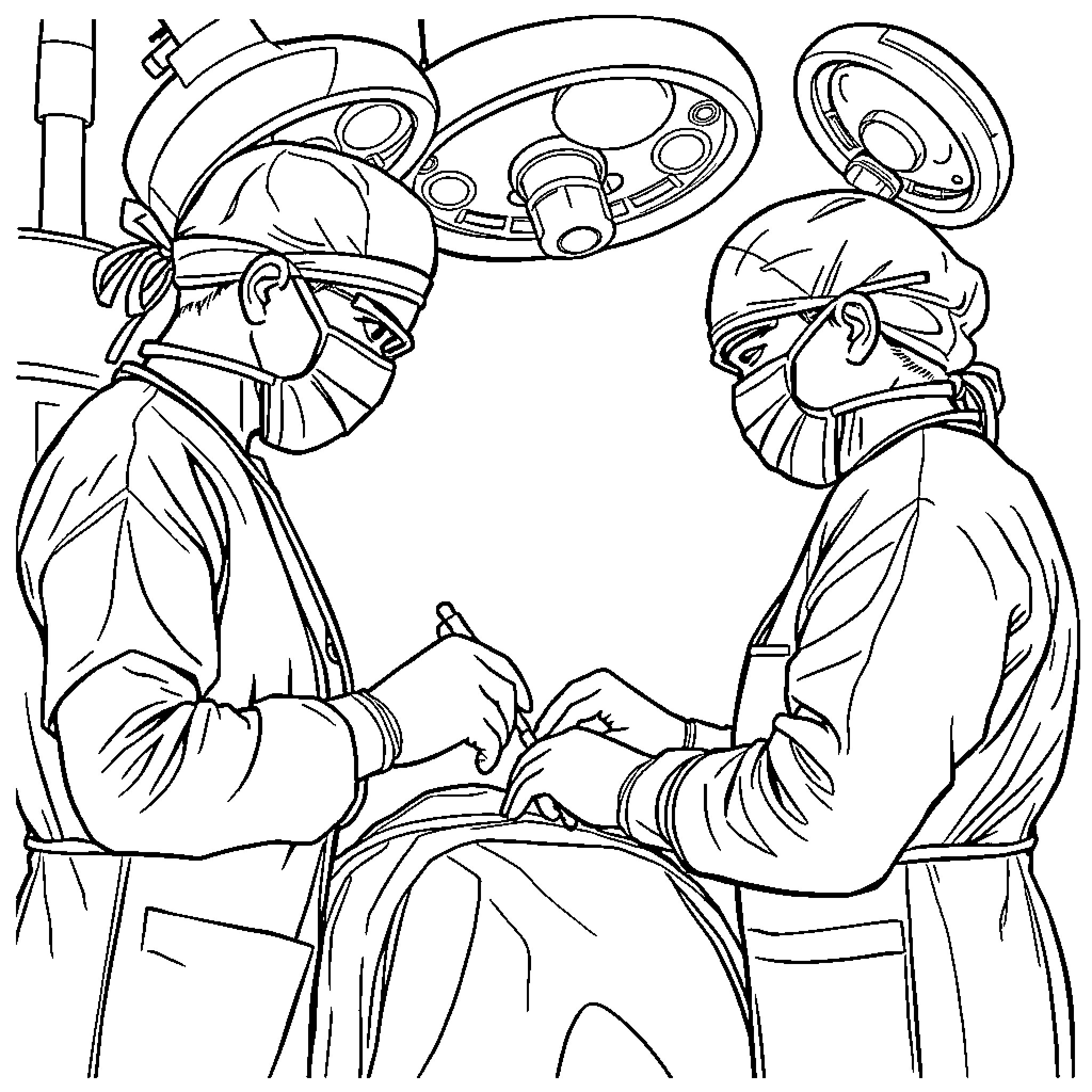 Doctors Performing Delicate Surgery Together Coloring Page (free black-and-white line drawing printable PDF for all, from beginners to advanced learners, including children, teens, adults, and seniors)