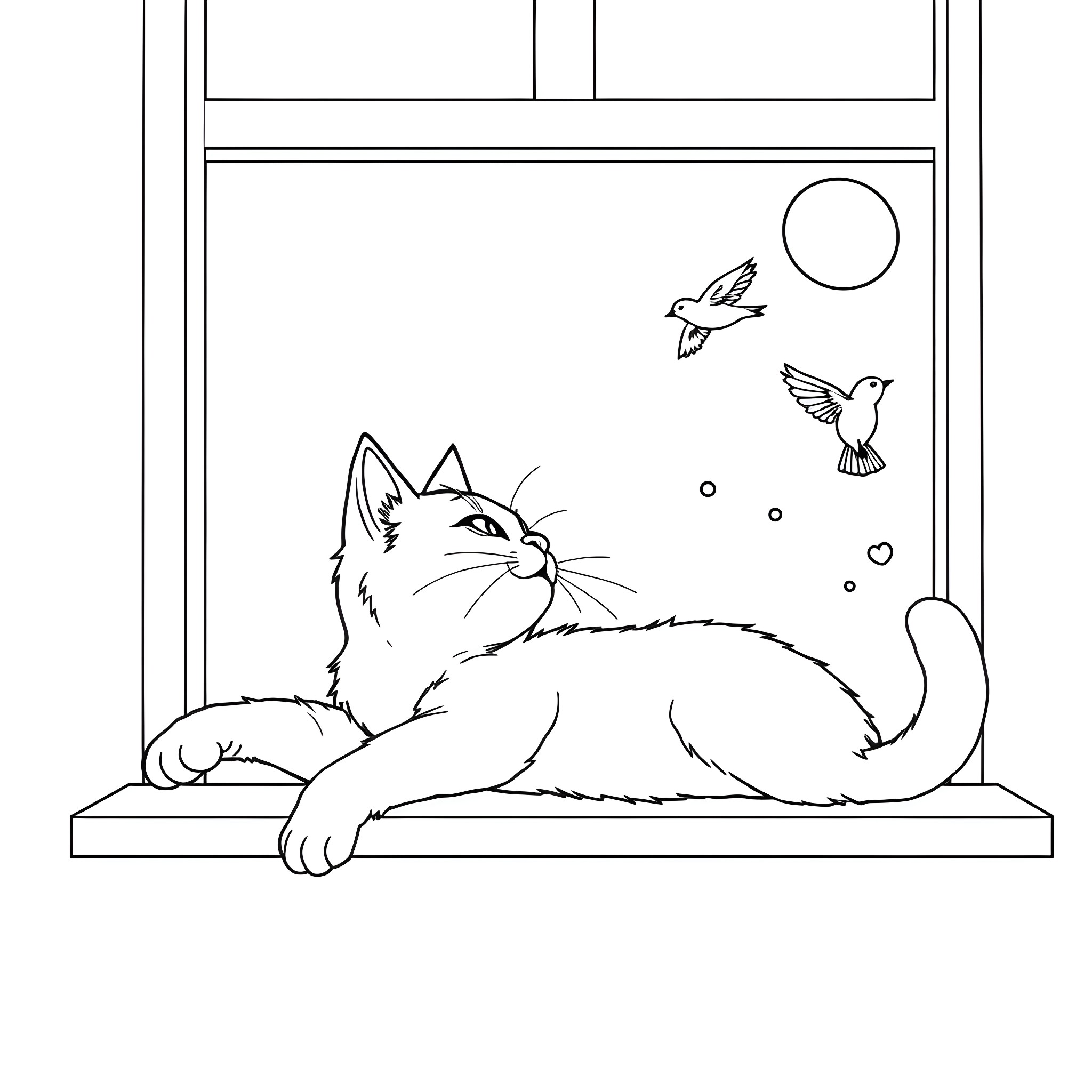 Cat relaxing on window sill with birds Coloring Page (free black-and-white line drawing printable PDF for all, from beginners to advanced learners, including children, teens, adults, and seniors)