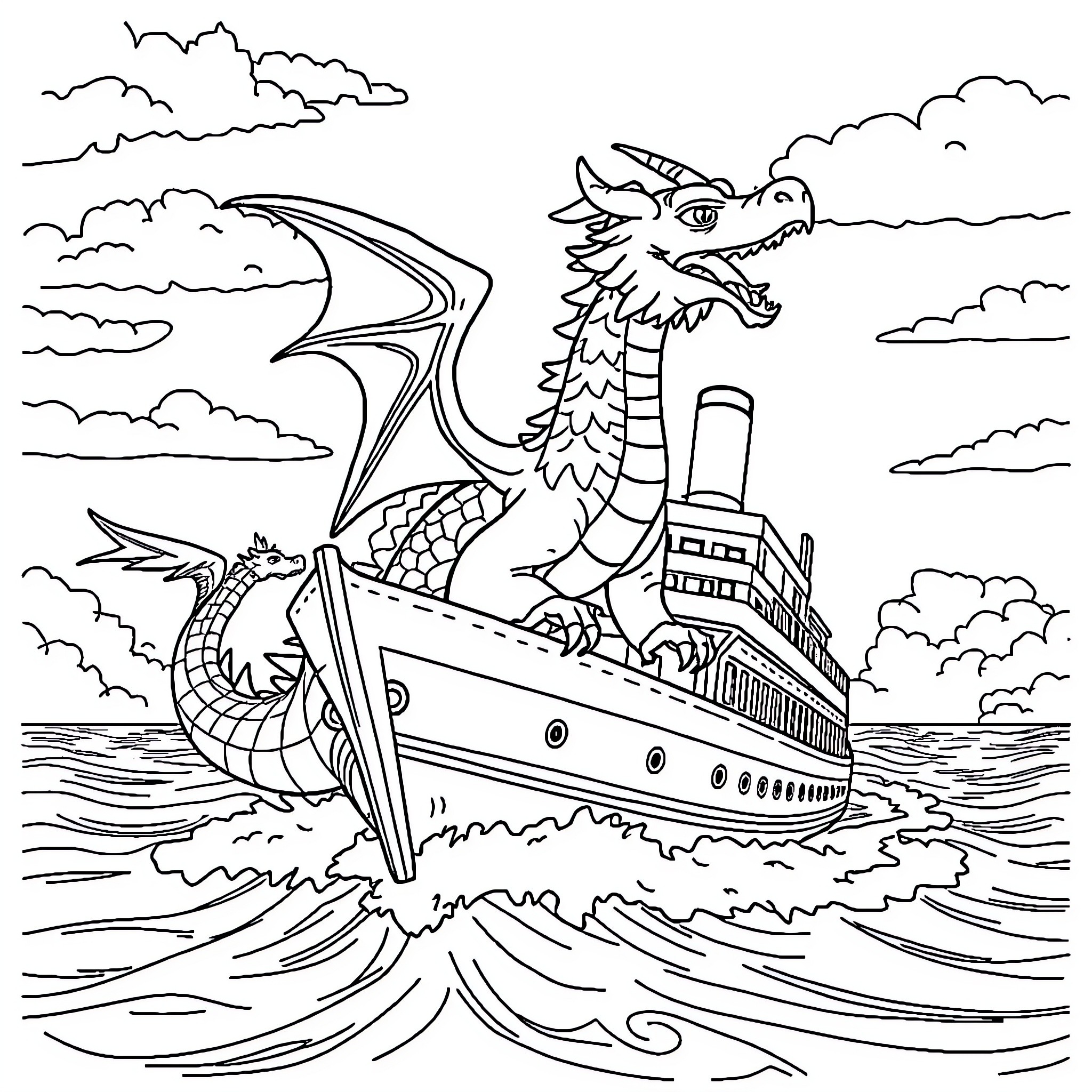 Dragon sailing a magnificent ship across the waves Coloring Page (free black-and-white line drawing printable PDF for all, from beginners to advanced learners, including children, teens, adults, and seniors)