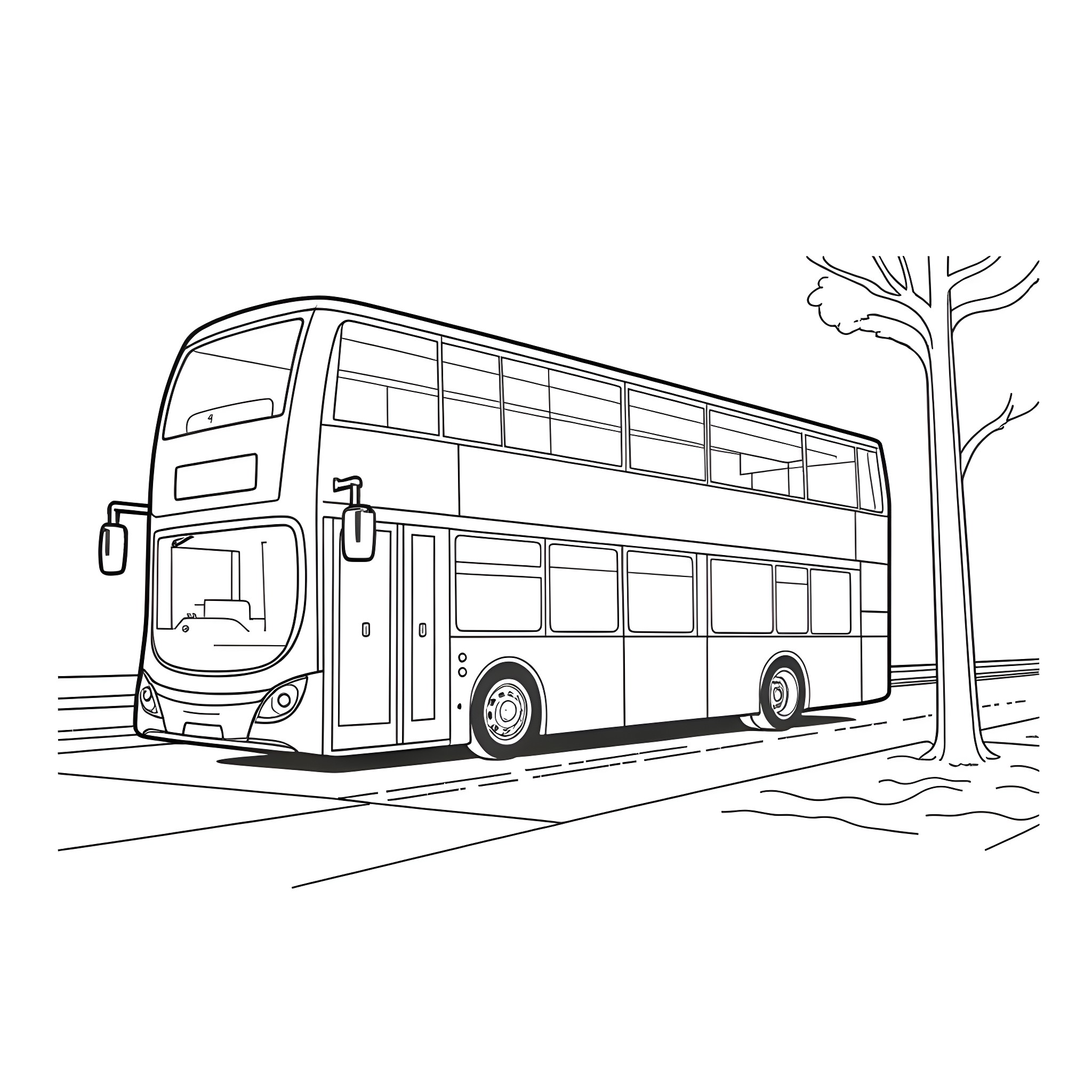 Bus on the street with a tree Coloring Page (free black-and-white line drawing printable PDF for all, from beginners to advanced learners, including children, teens, adults, and seniors)