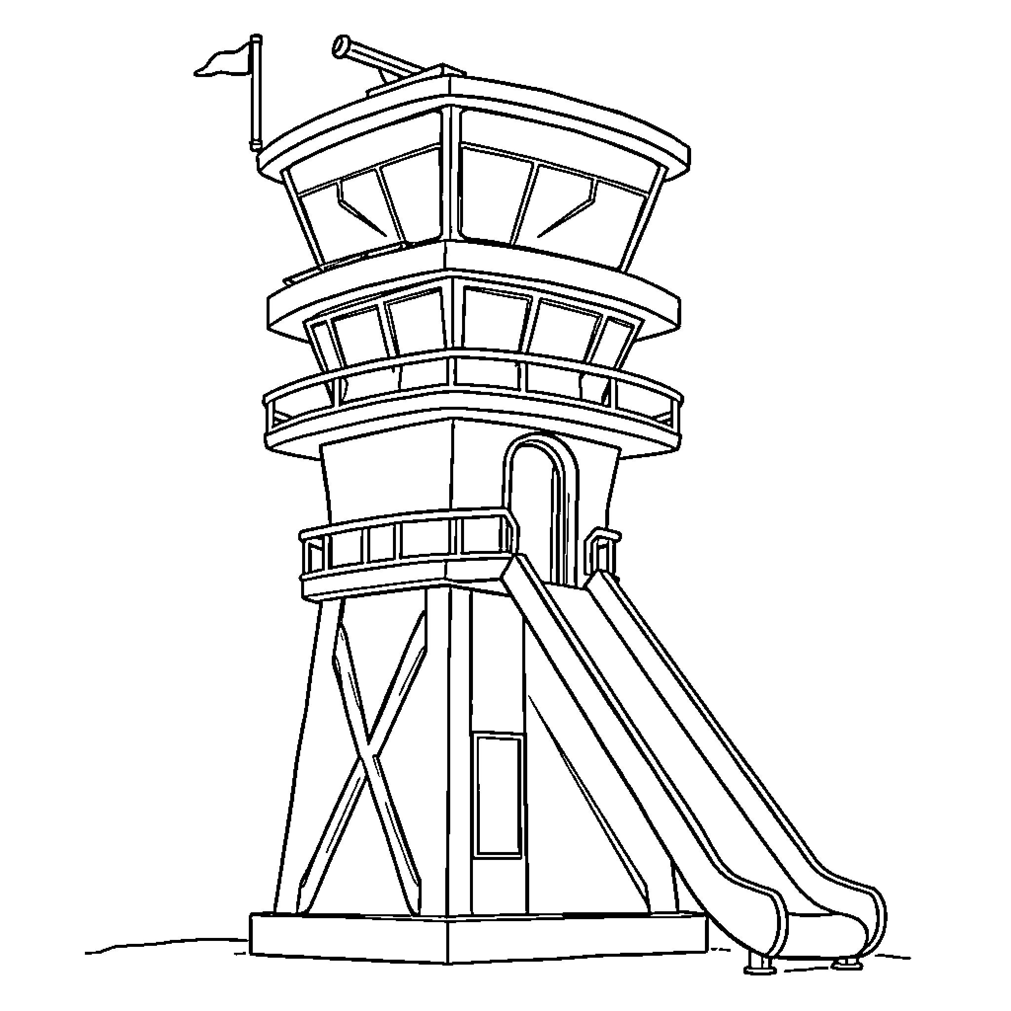 Control Tower with Slide Attraction Coloring Page (free black-and-white line drawing printable PDF for all, from beginners to advanced learners, including children, teens, adults, and seniors)