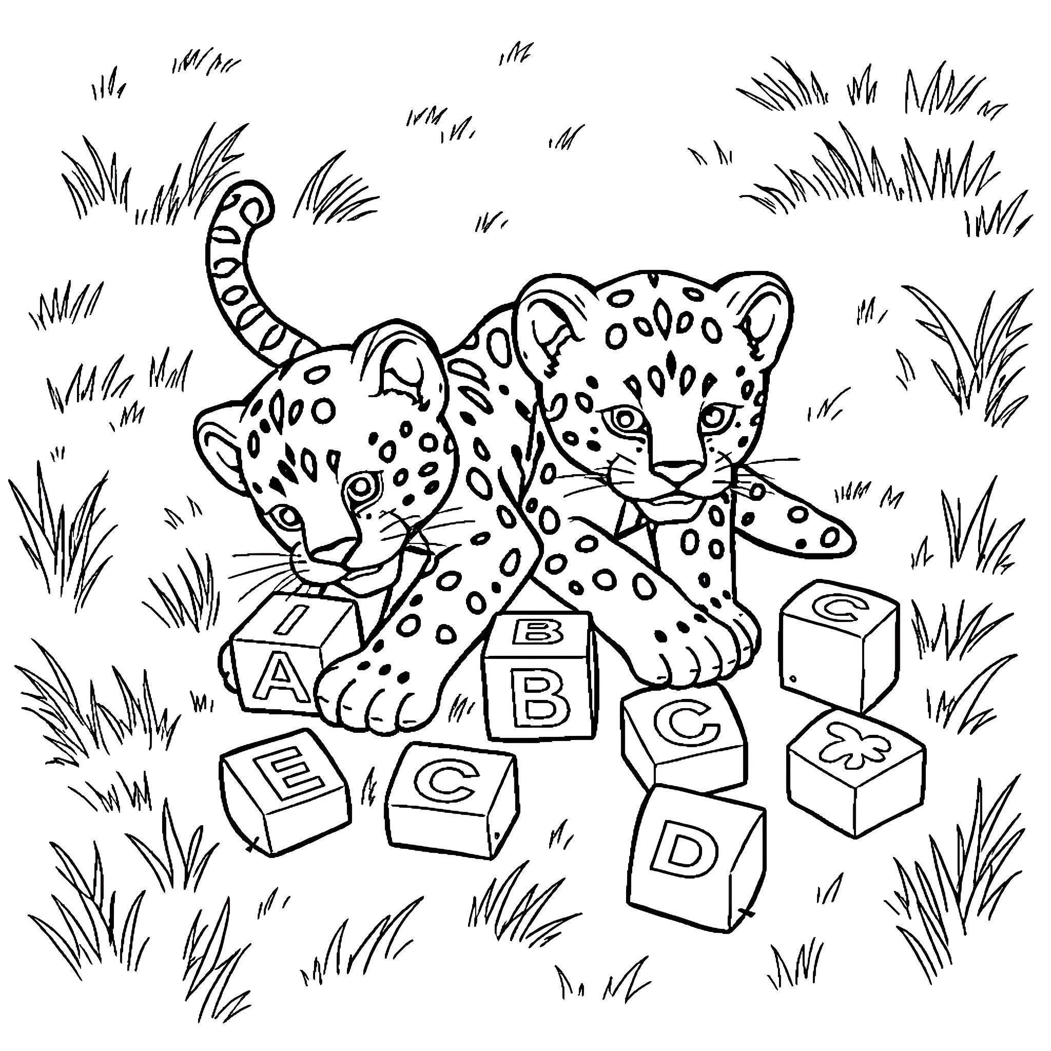 Panther Playing with Alphabet Blocks Coloring Page (free black-and-white line drawing printable PDF for all, from beginners to advanced learners, including children, teens, adults, and seniors)
