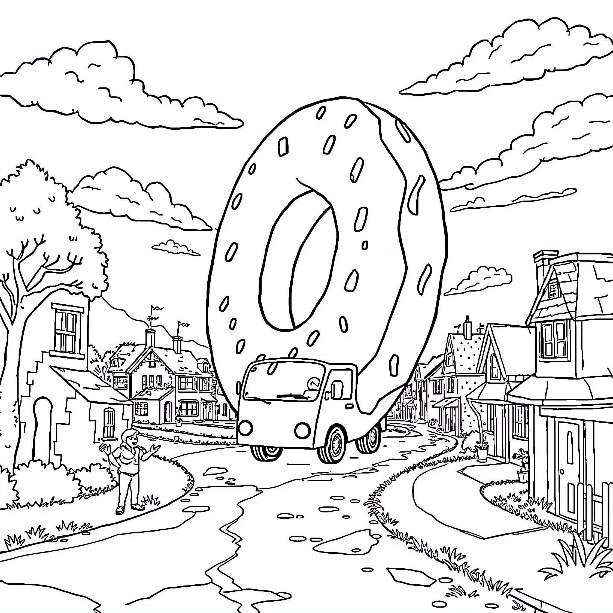 Donut-shaped vehicle transporting through town Coloring Page (free black-and-white line drawing printable PDF for all, from beginners to advanced learners, including children, teens, adults, and seniors)