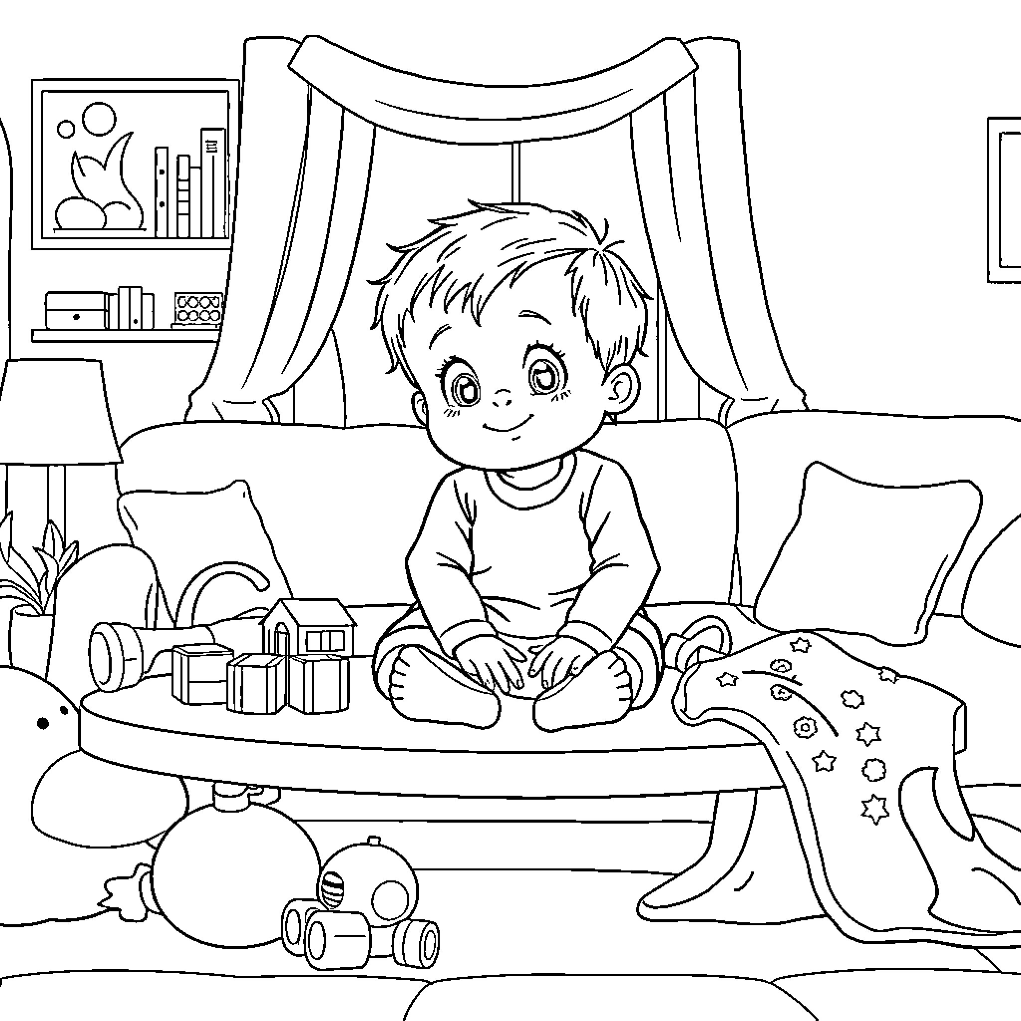 Toddler playing with toys in cozy home setting Coloring Page (free black-and-white line drawing printable PDF for all, from beginners to advanced learners, including children, teens, adults, and seniors)