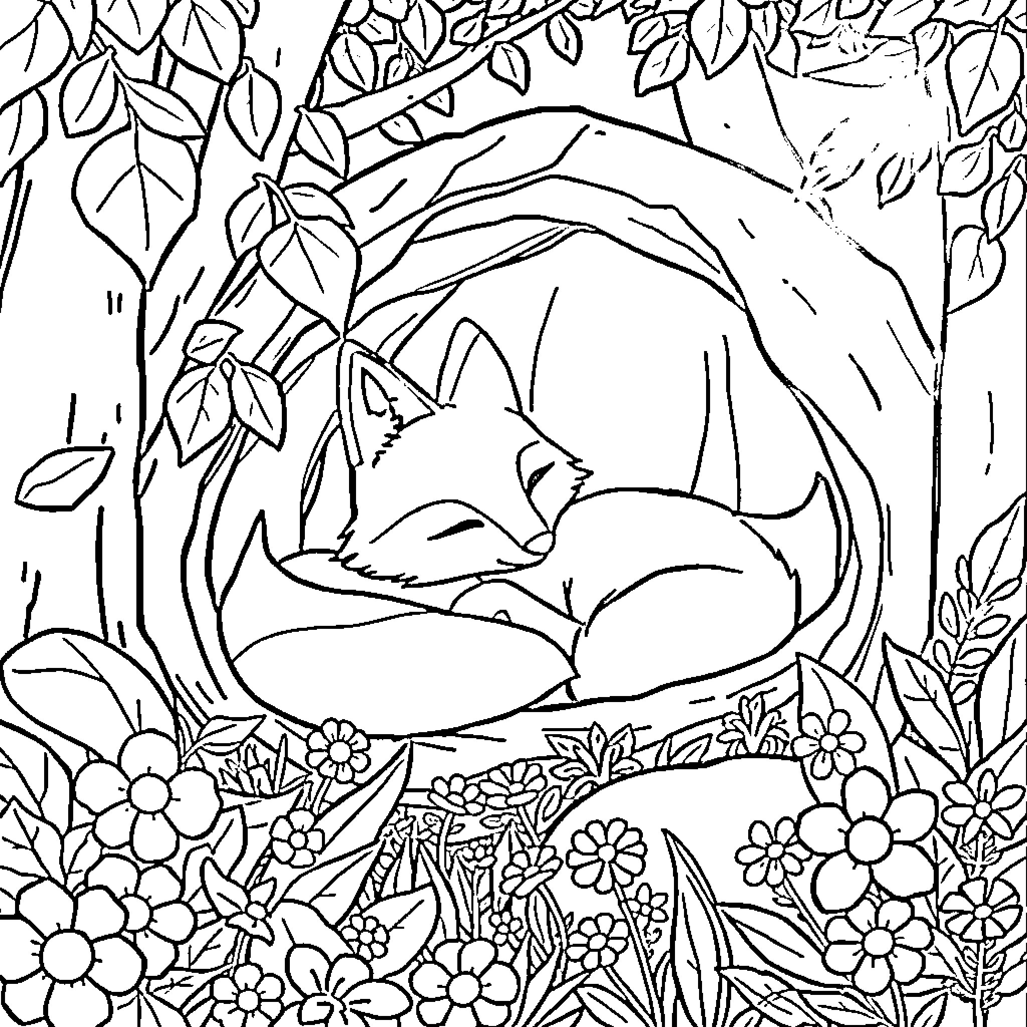 Fox resting peacefully in floral forest landscape Coloring Page (free black-and-white line drawing printable PDF for all, from beginners to advanced learners, including children, teens, adults, and seniors)
