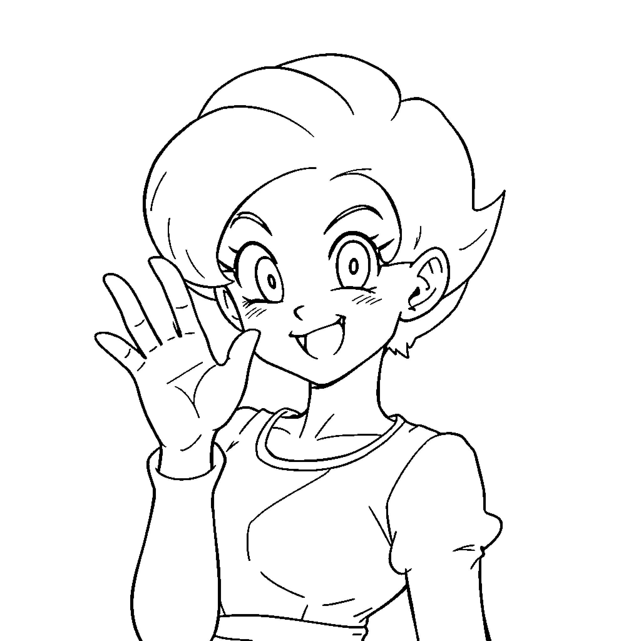 Bulma waving and smiling joyfully Coloring Page (free black-and-white line drawing printable PDF for all, from beginners to advanced learners, including children, teens, adults, and seniors)