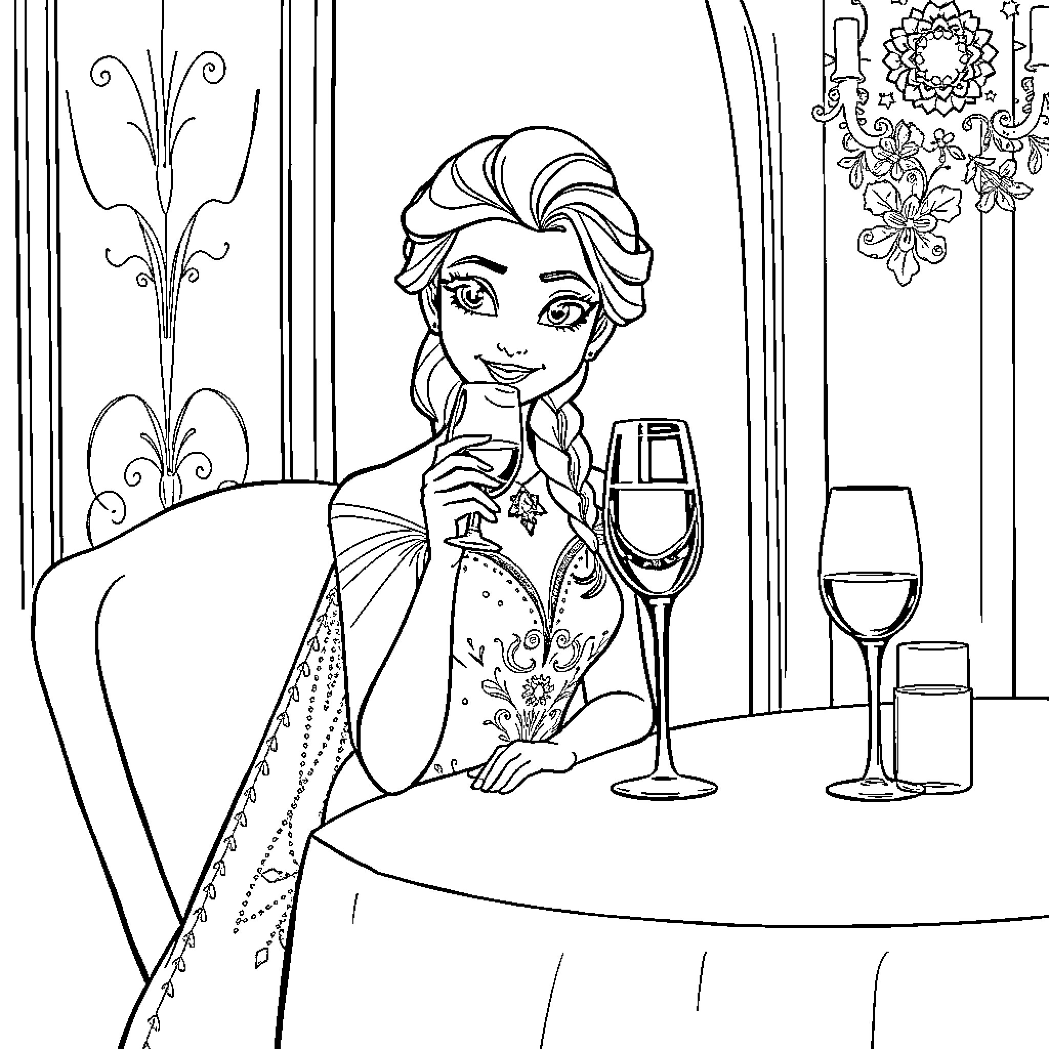 Elsa Enjoying a Formal Gathering with Drinks Coloring Page (free black-and-white line drawing printable PDF for all, from beginners to advanced learners, including children, teens, adults, and seniors)