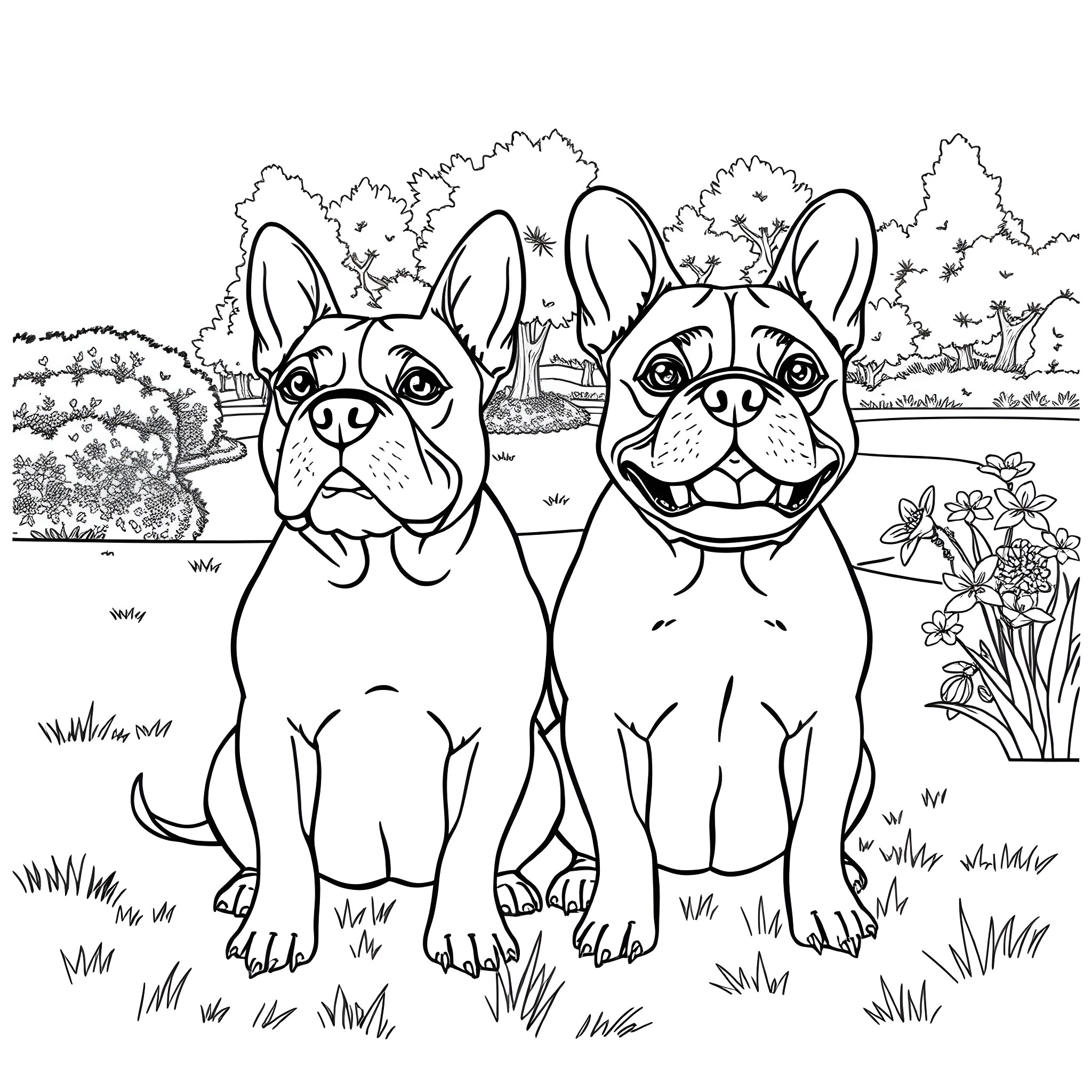 Dogs sitting happily in nature Coloring Page (free black-and-white line drawing printable PDF for all, from beginners to advanced learners, including children, teens, adults, and seniors)