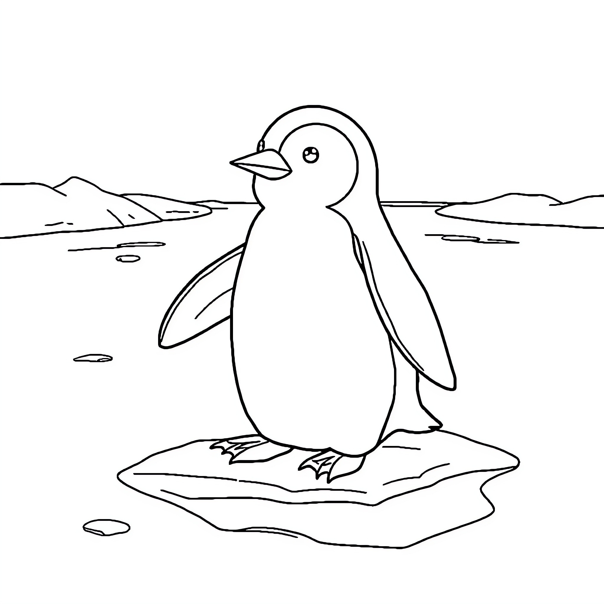 Penguin standing on ice floe near water Coloring Page (free black-and-white line drawing printable PDF for all, from beginners to advanced learners, including children, teens, adults, and seniors)