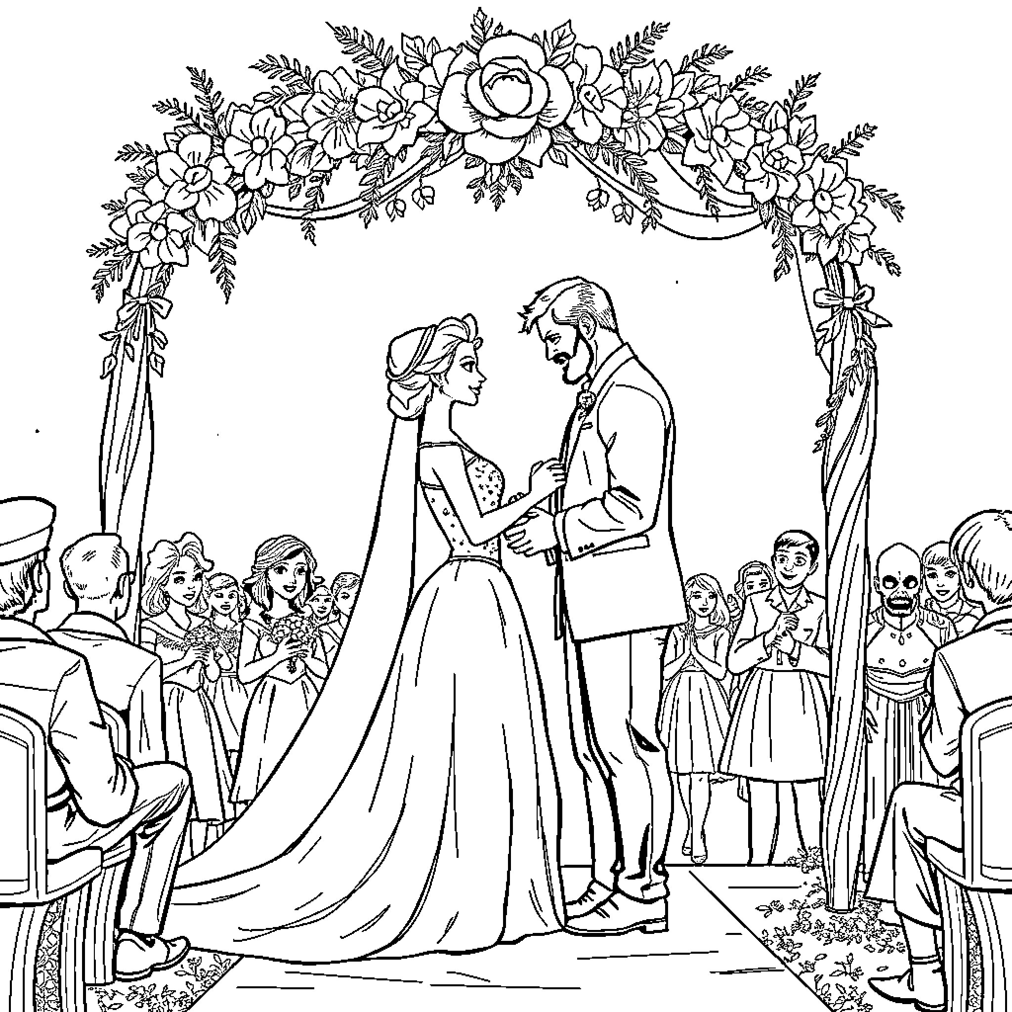 Elsa's Enchanting Wedding Ceremony Coloring Page (free black-and-white line drawing printable PDF for all, from beginners to advanced learners, including children, teens, adults, and seniors)