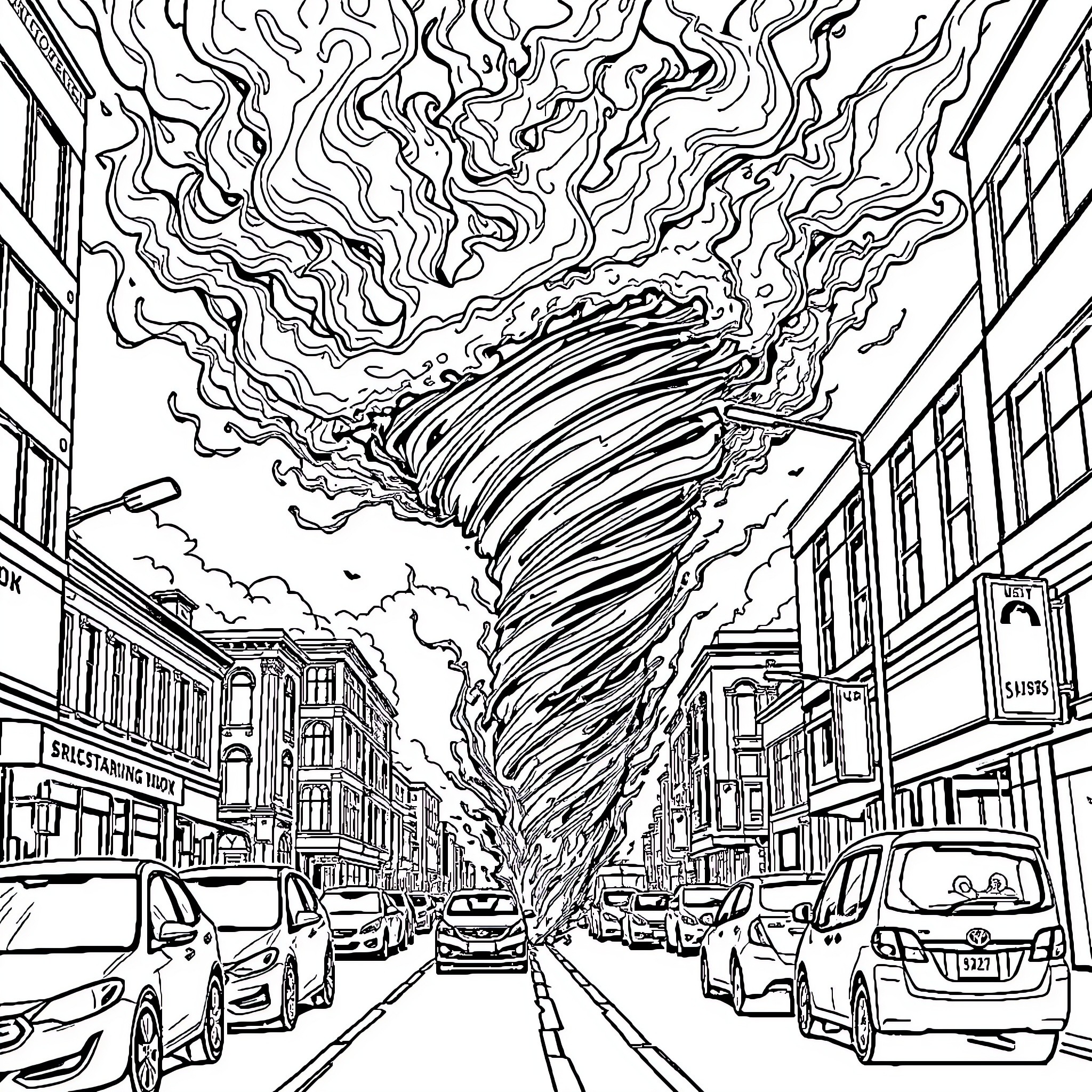 Fire Tornado Raging Down City Street Coloring Page (free black-and-white line drawing printable PDF for all, from beginners to advanced learners, including children, teens, adults, and seniors)