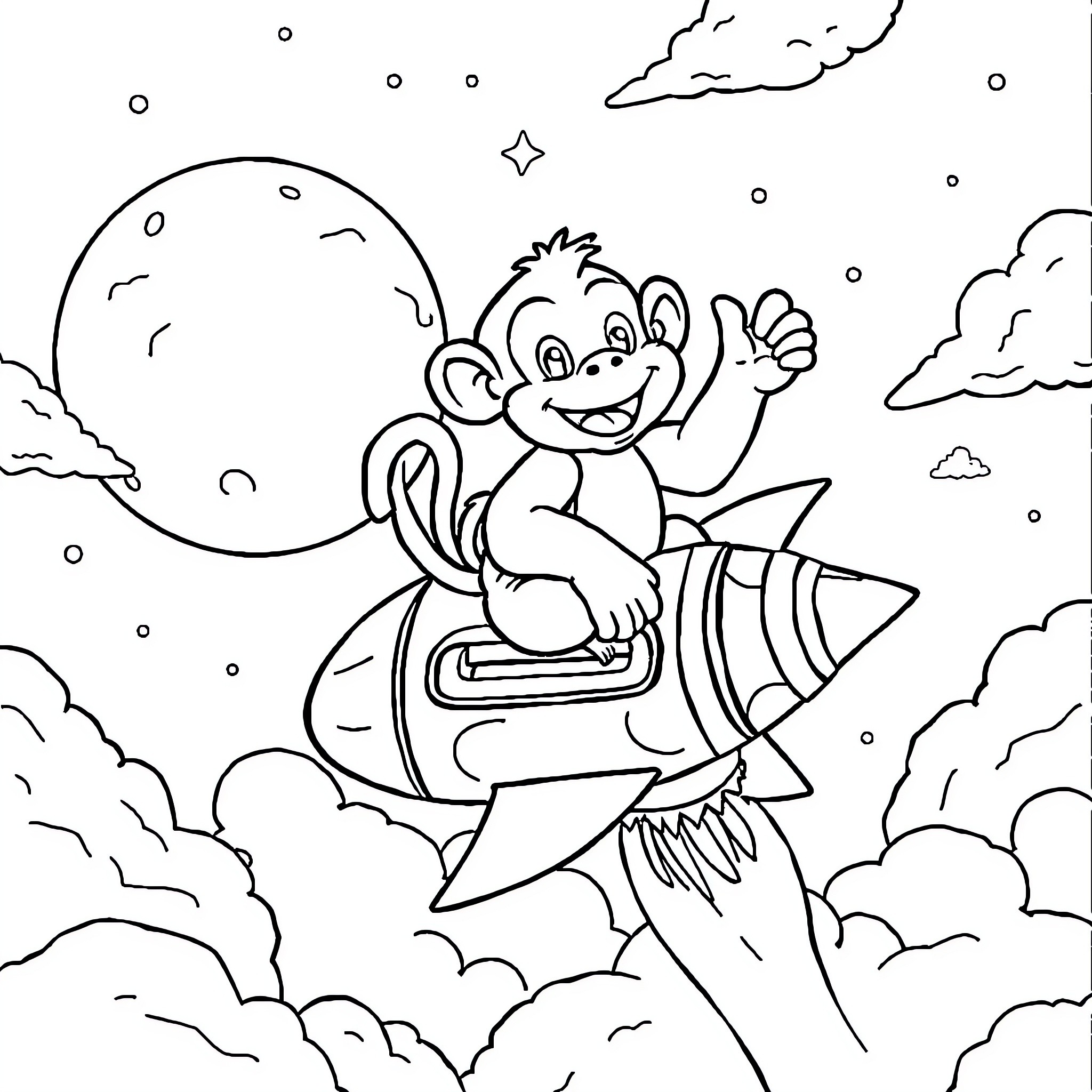 Monkey riding a rocket in the night sky Coloring Page (free black-and-white line drawing printable PDF for all, from beginners to advanced learners, including children, teens, adults, and seniors)