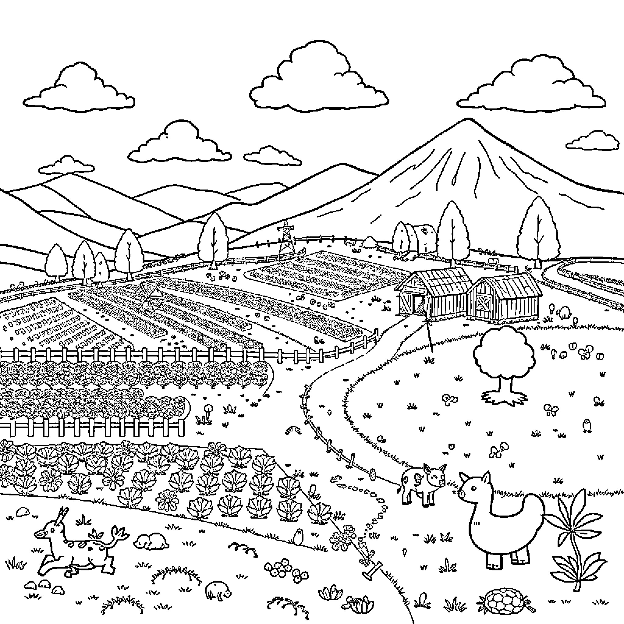 Stardew Valley - Charming Countryside with Farmland and Farm Animals Coloring Page (free black-and-white line drawing printable PDF for all, from beginners to advanced learners, including children, teens, adults, and seniors)