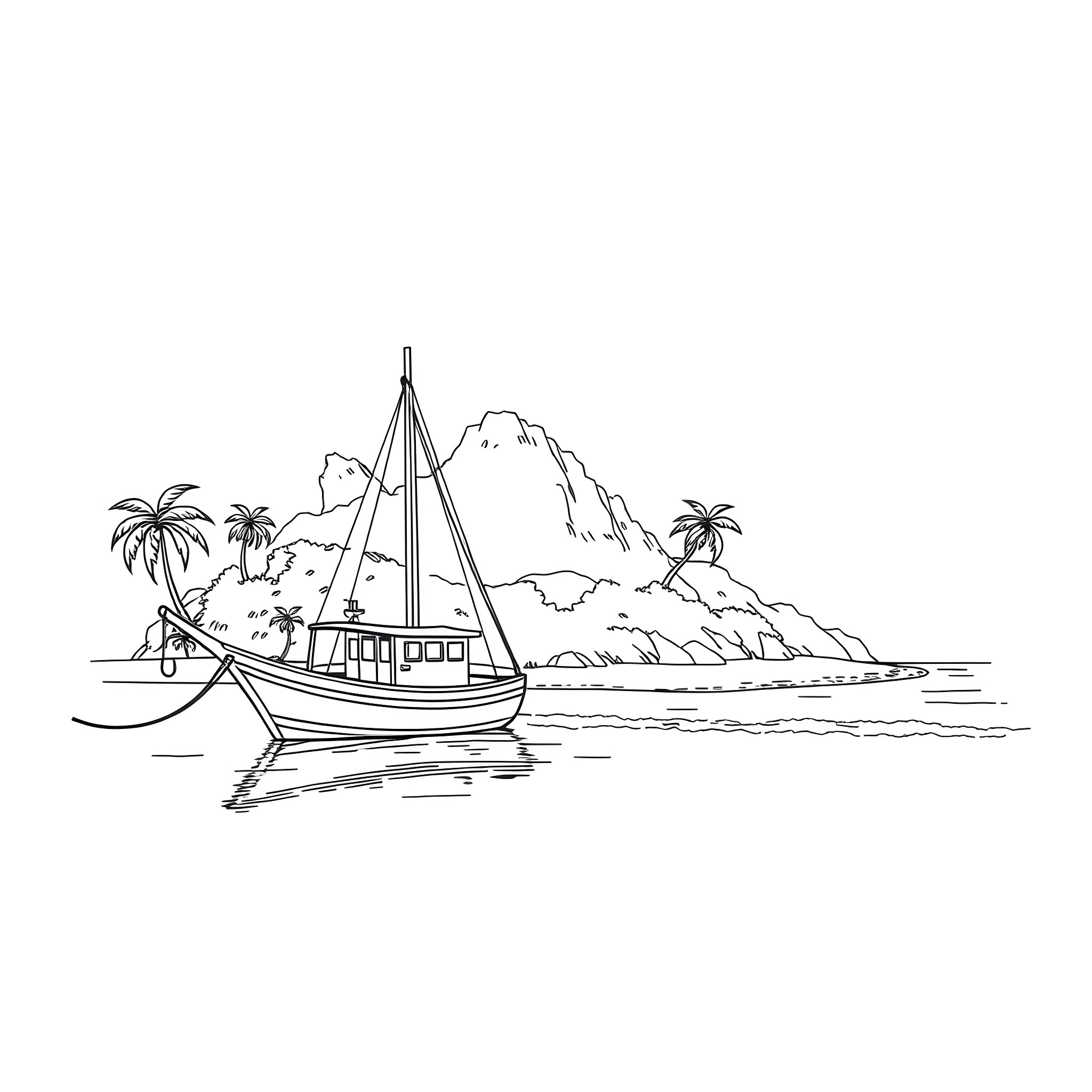Fishing Ship Sailing Near Tropical Island Coloring Page (free black-and-white line drawing printable PDF for all, from beginners to advanced learners, including children, teens, adults, and seniors)