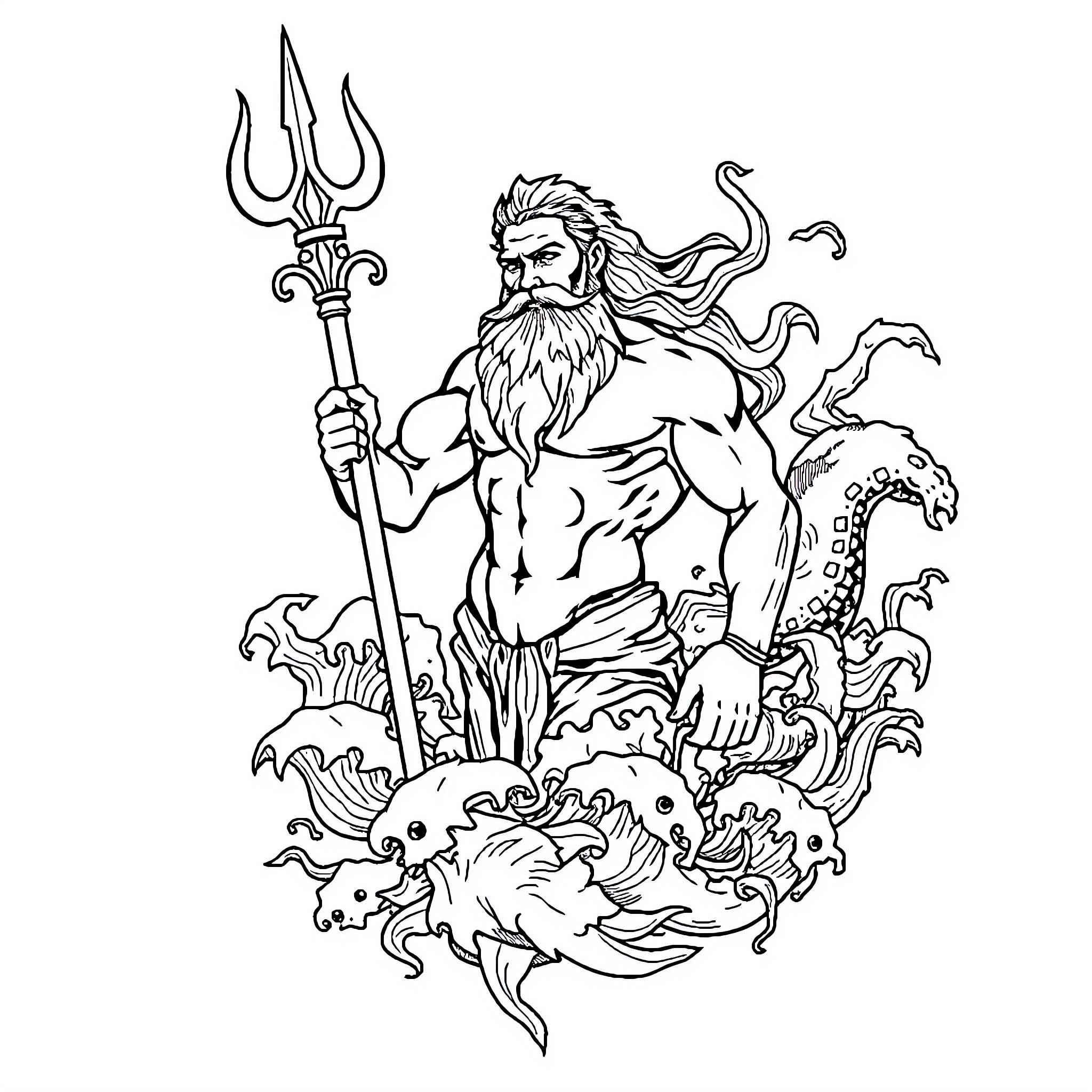 Poseidon, the mighty ruler of the sea, wielding his trident Coloring Page (free black-and-white line drawing printable PDF for all, from beginners to advanced learners, including children, teens, adults, and seniors)