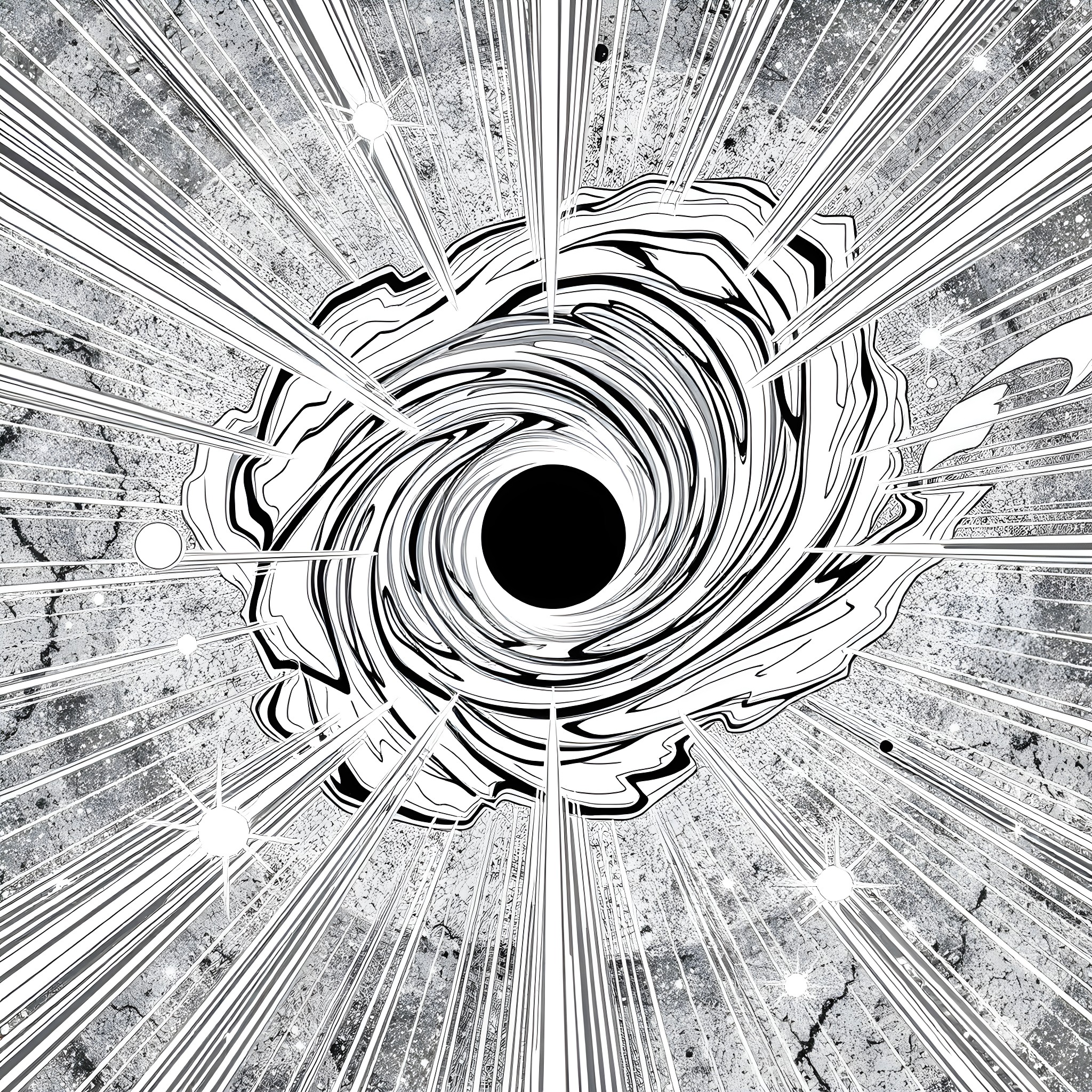 Black Hole Engulfing Cosmic Energy Coloring Page (free black-and-white line drawing printable PDF for all, from beginners to advanced learners, including children, teens, adults, and seniors)