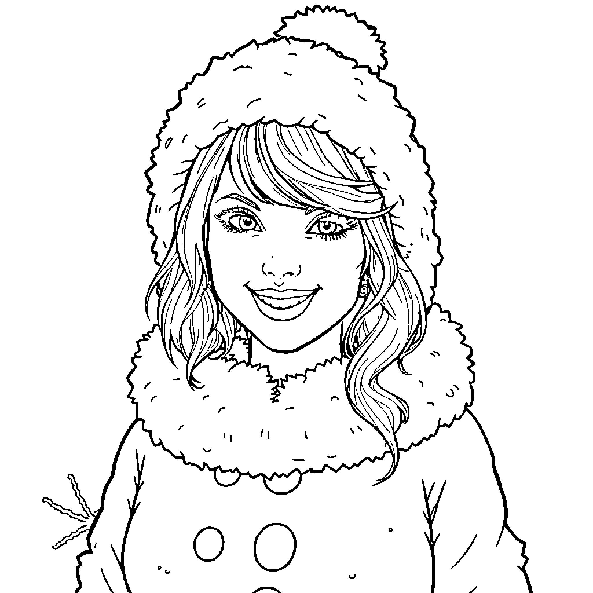 Taylor Swift in Warm Winter Attire Coloring Page (free black-and-white line drawing printable PDF for all, from beginners to advanced learners, including children, teens, adults, and seniors)