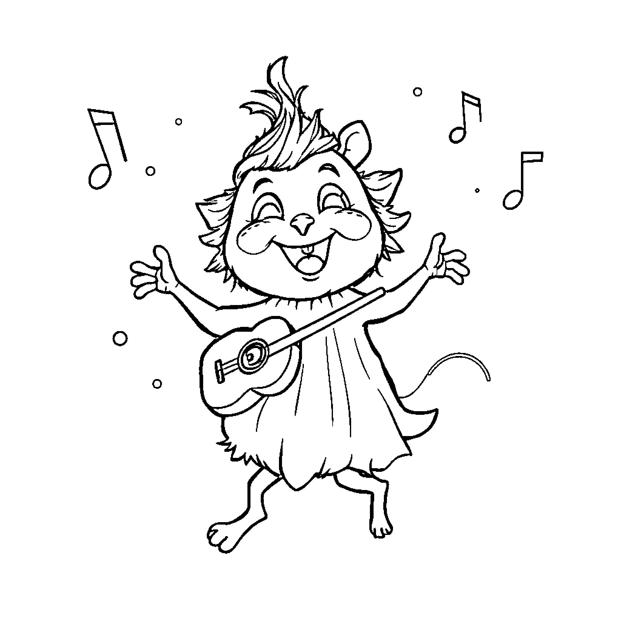 Labubu the Musical Troll Performing Coloring Page (free black-and-white line drawing printable PDF for all, from beginners to advanced learners, including children, teens, adults, and seniors)