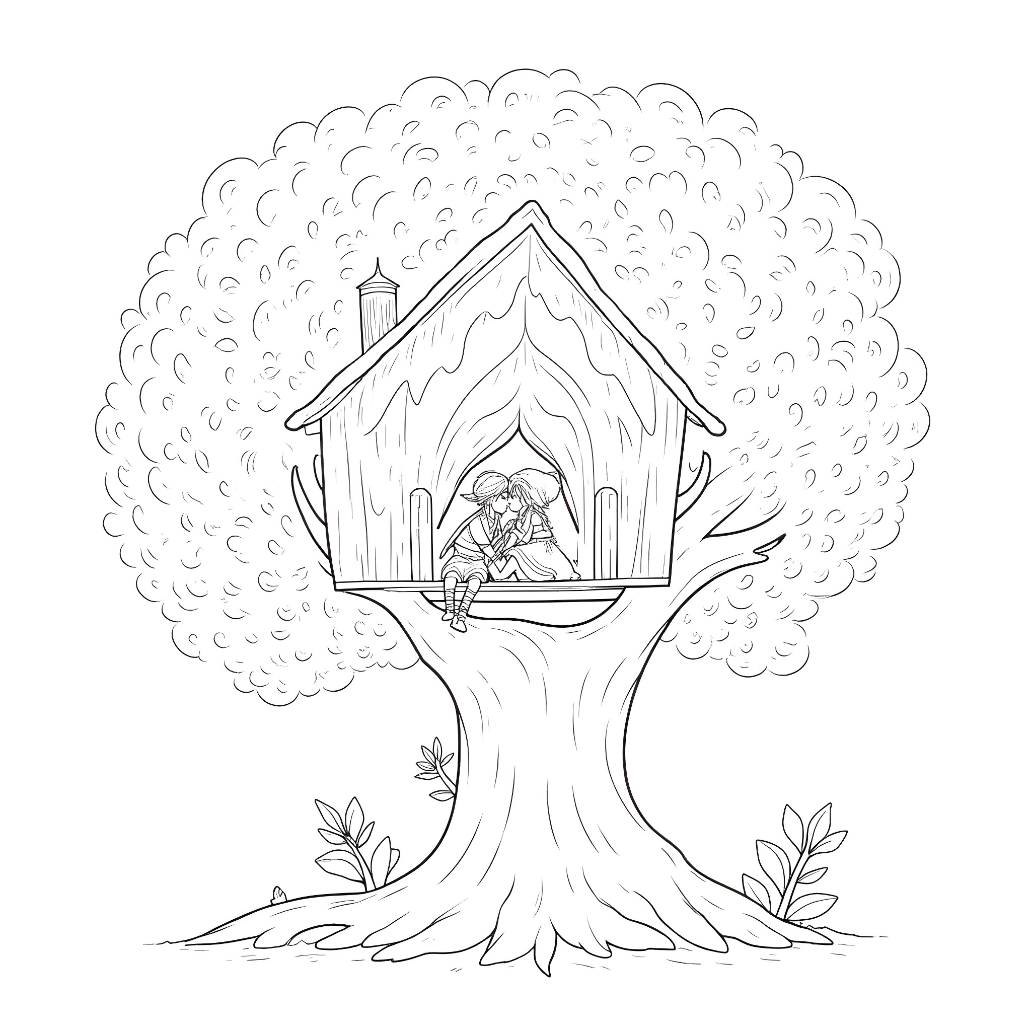 Zelda's Peaceful Retreat in the Tree House Coloring Page (free black-and-white line drawing printable PDF for all, from beginners to advanced learners, including children, teens, adults, and seniors)