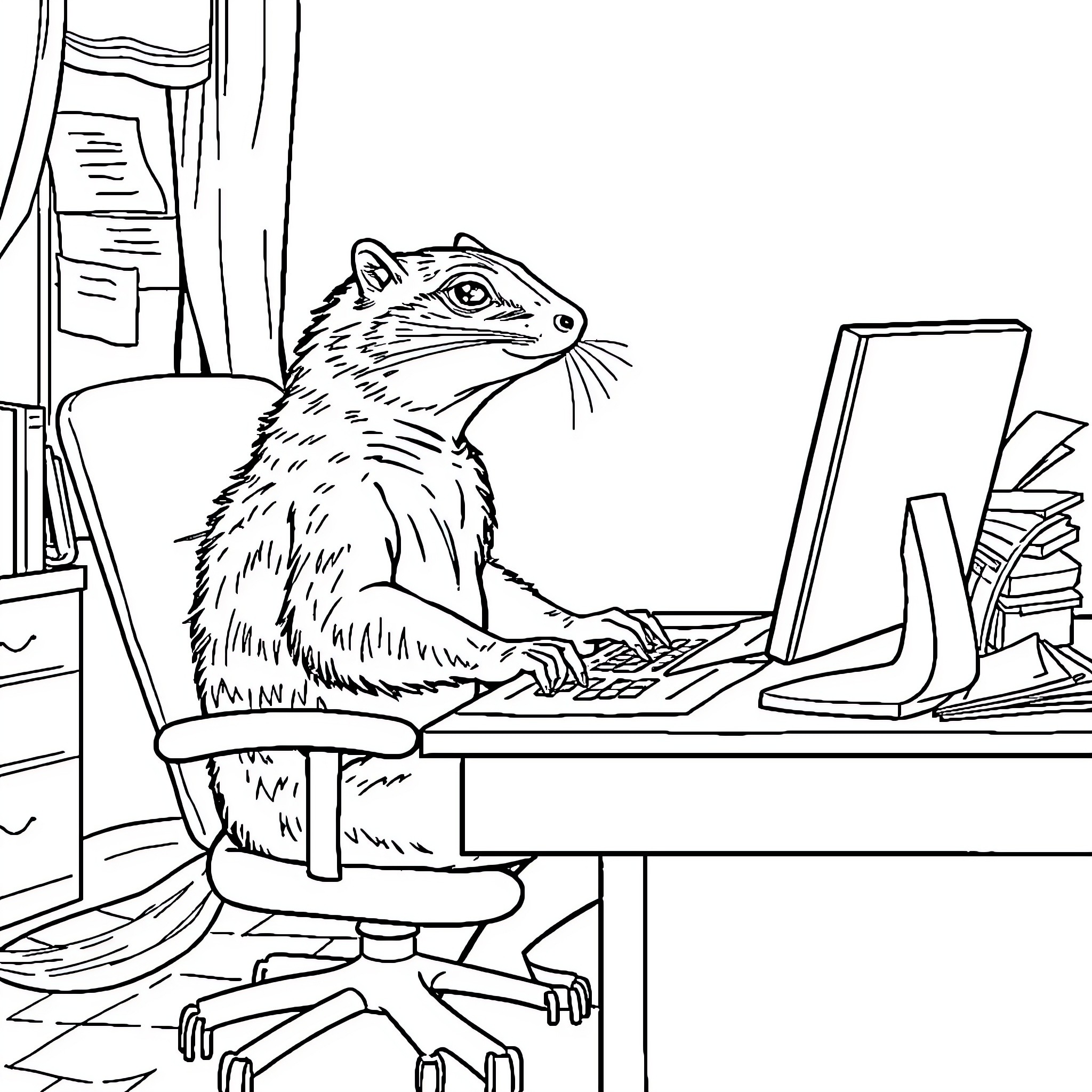 Beaver working diligently at computer in office Coloring Page (free black-and-white line drawing printable PDF for all, from beginners to advanced learners, including children, teens, adults, and seniors)