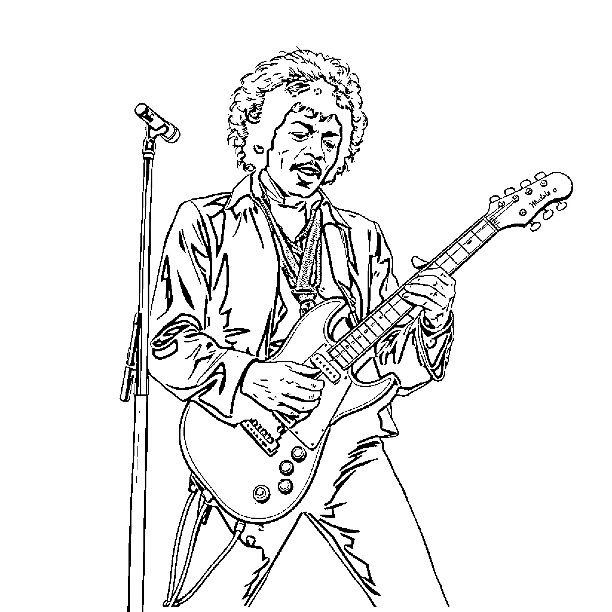Jimi Hendrix performing on stage with guitar Coloring Page (free black-and-white line drawing printable PDF for all, from beginners to advanced learners, including children, teens, adults, and seniors)